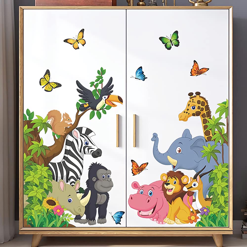 Supzone Cartoon Animal Wall Decal Jungle Animals Wall Stickers Elephant Lion Zebra Butterfly Wall Decor For Kids Baby Diy Vinyl