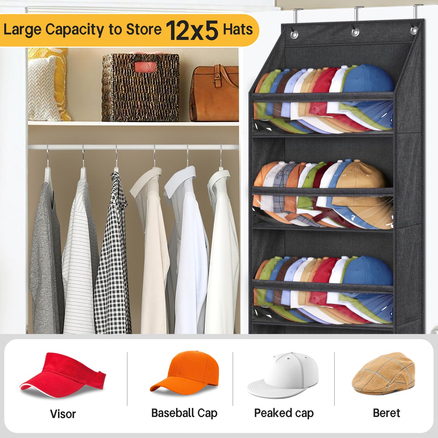 Sleeping Lamb Over Door Hat Racks For Baseball Caps, Clear Deep Pockets Hat Organizer For Closet Or Wall Hold 60 Hats Storage Ho