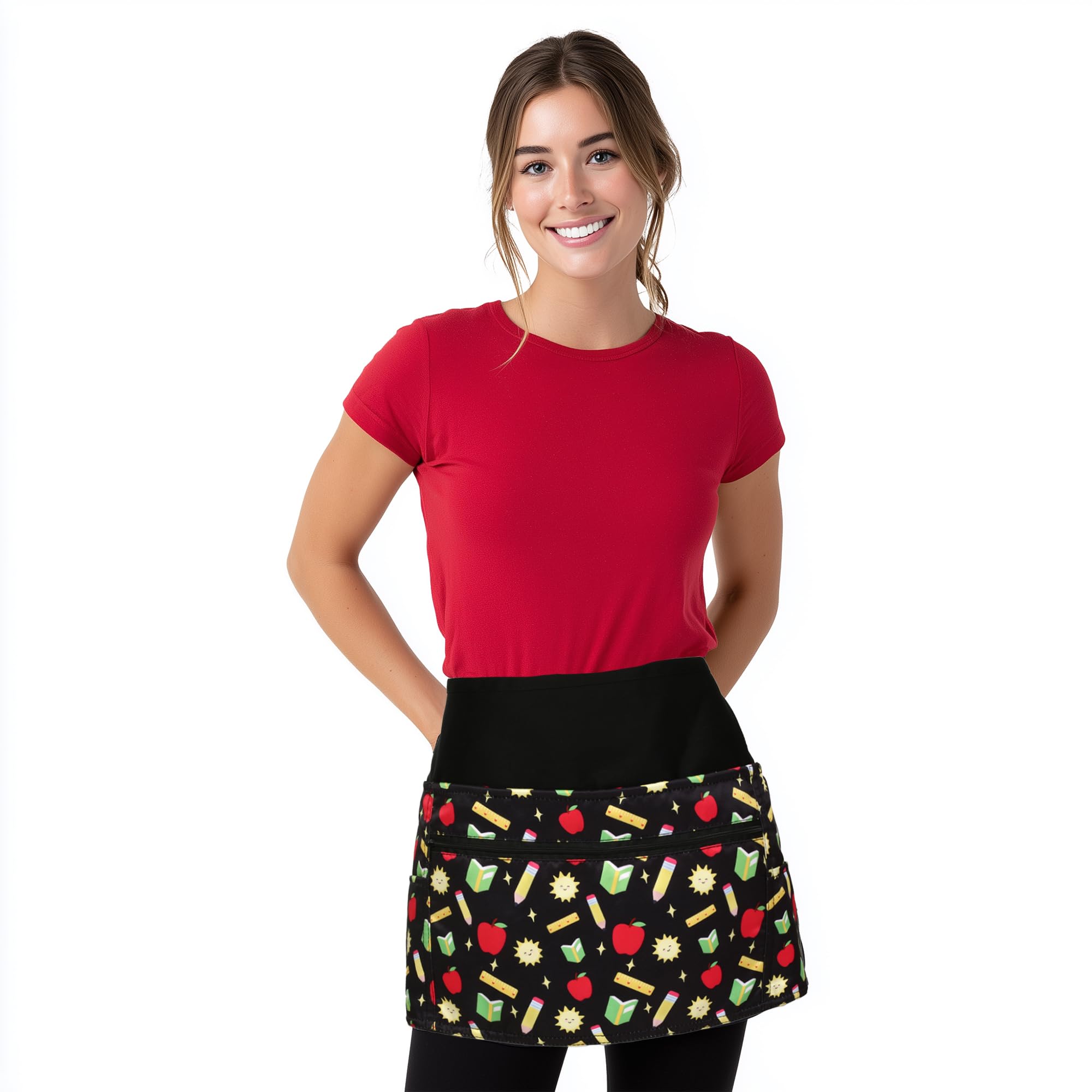 Plum Hill Black Teacher Apron Classroom Print 6Pocket Utility Waist With Zipper  Cash & Valuables Security Pouch Craft, Vendor