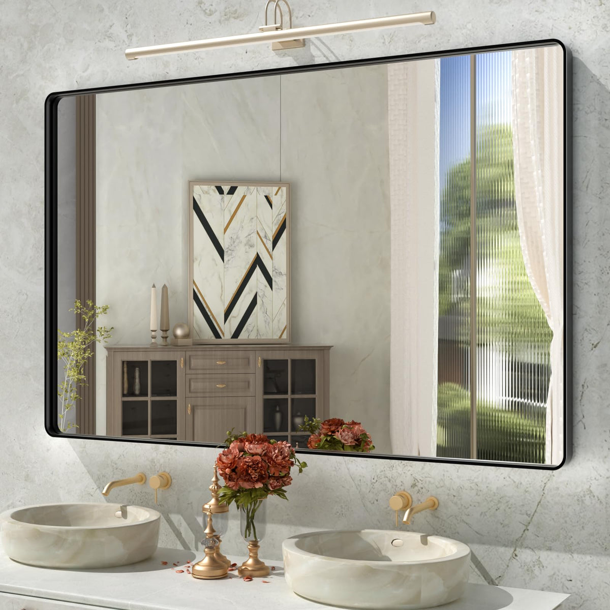 Istripmf Bathroom Mirror Black,55X36 Inch Large Matte Black Bathroom Vanity Mirror,Rectangle Black Metal Framed Mirror For Wall,