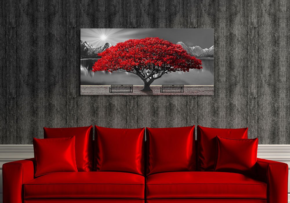 Black And White Red Tree Wall Art Canvas Print Picture Large Red Tree Landscape Modern Artwork For Living Room Bedroom Office Ho