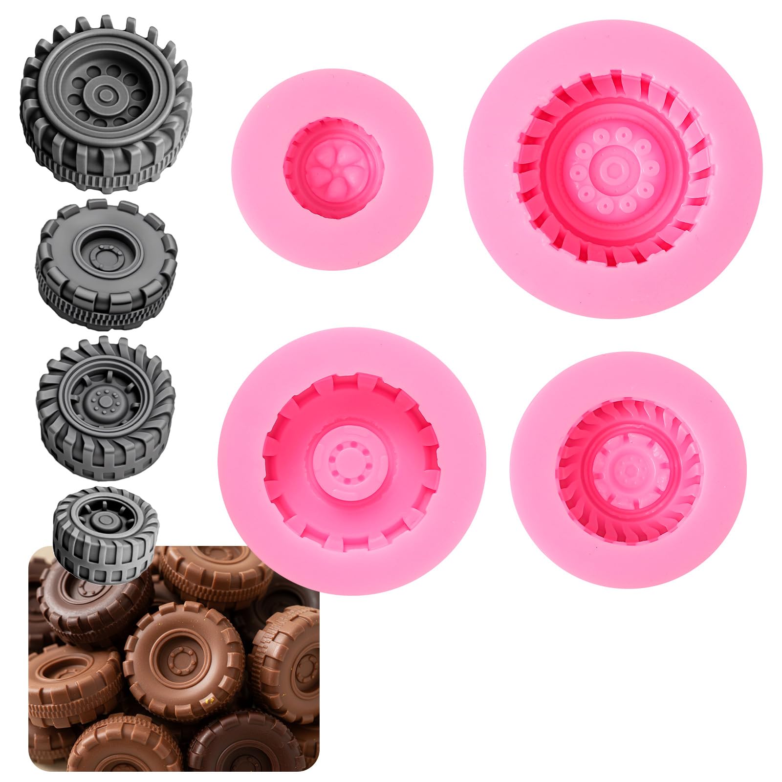 Shimmeroo 4PCS 3D Tire Molds for Chocolate, Silicone Tire Mold Fondant Molds for Cake Decorating for Cupcake Toppers Chocolate C