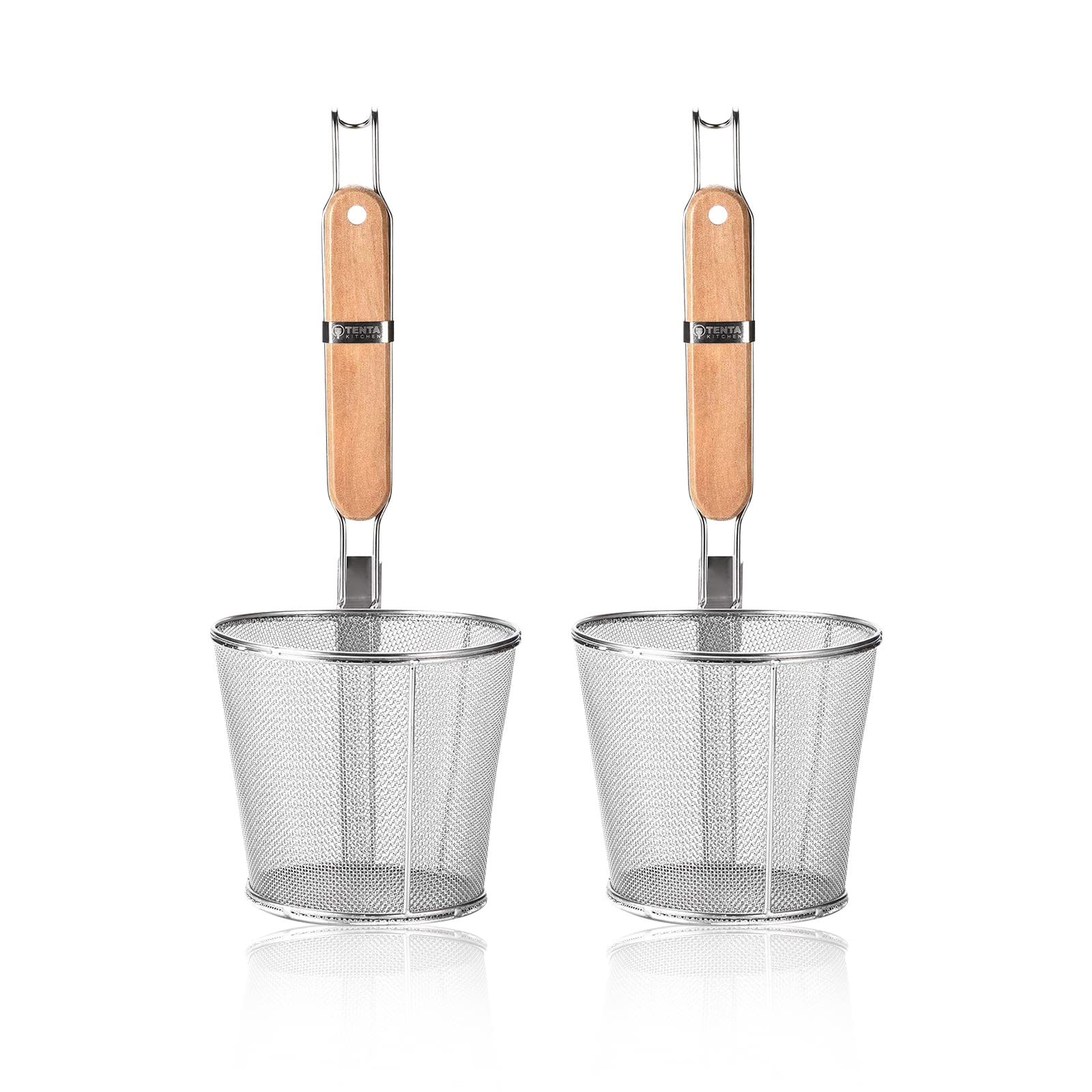 2 Pieces Pasta Strainer Basket Stainless Steel Fine Mesh Pasta Strainer Basket With Wooden Handle Good For Boiling Food Spaghett