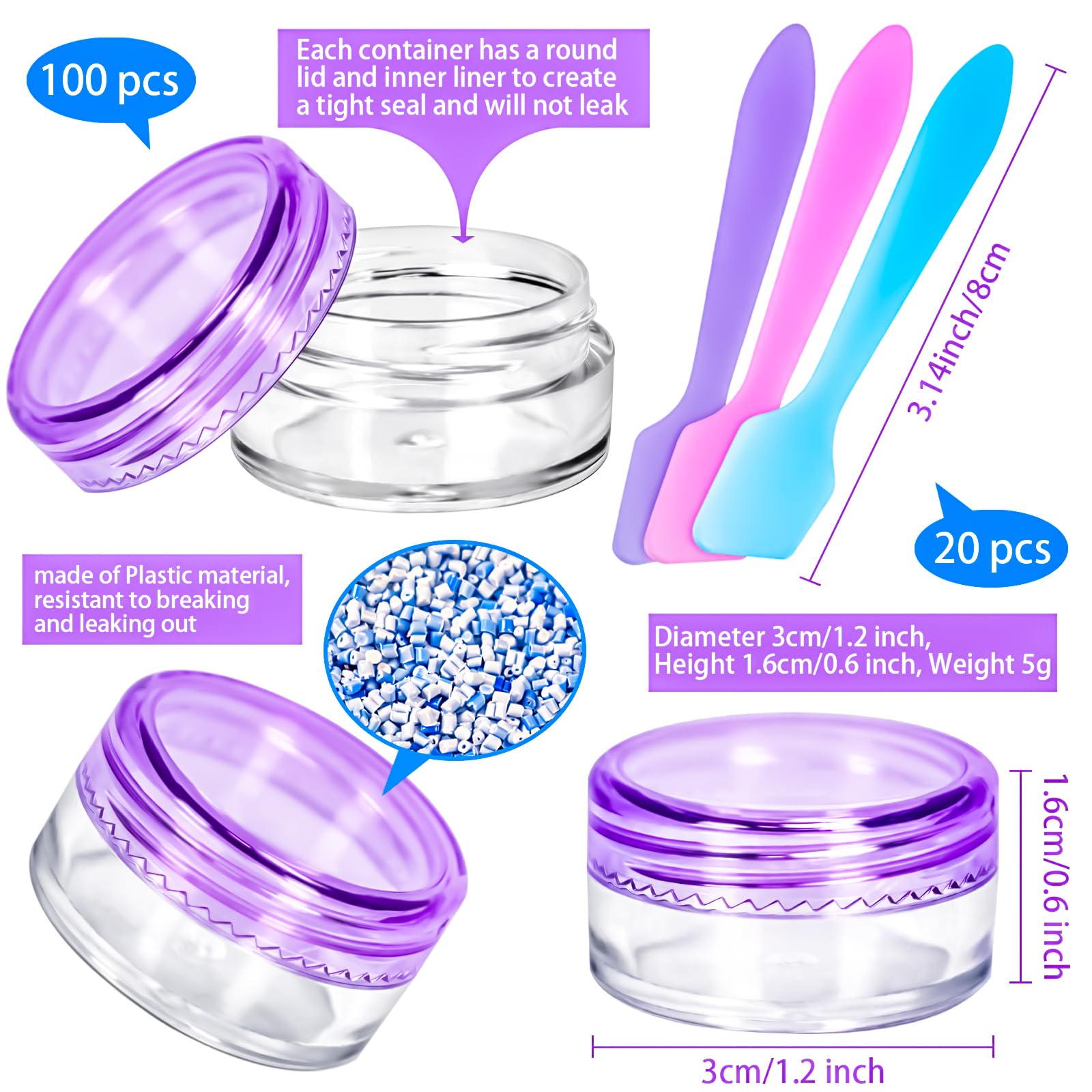 Motbach 100 Pcs 5G Empty Plastic Containers With Colored Lids,Mini Makeup Sample Containers, Small Sample Pot Jars Round Cosmeti