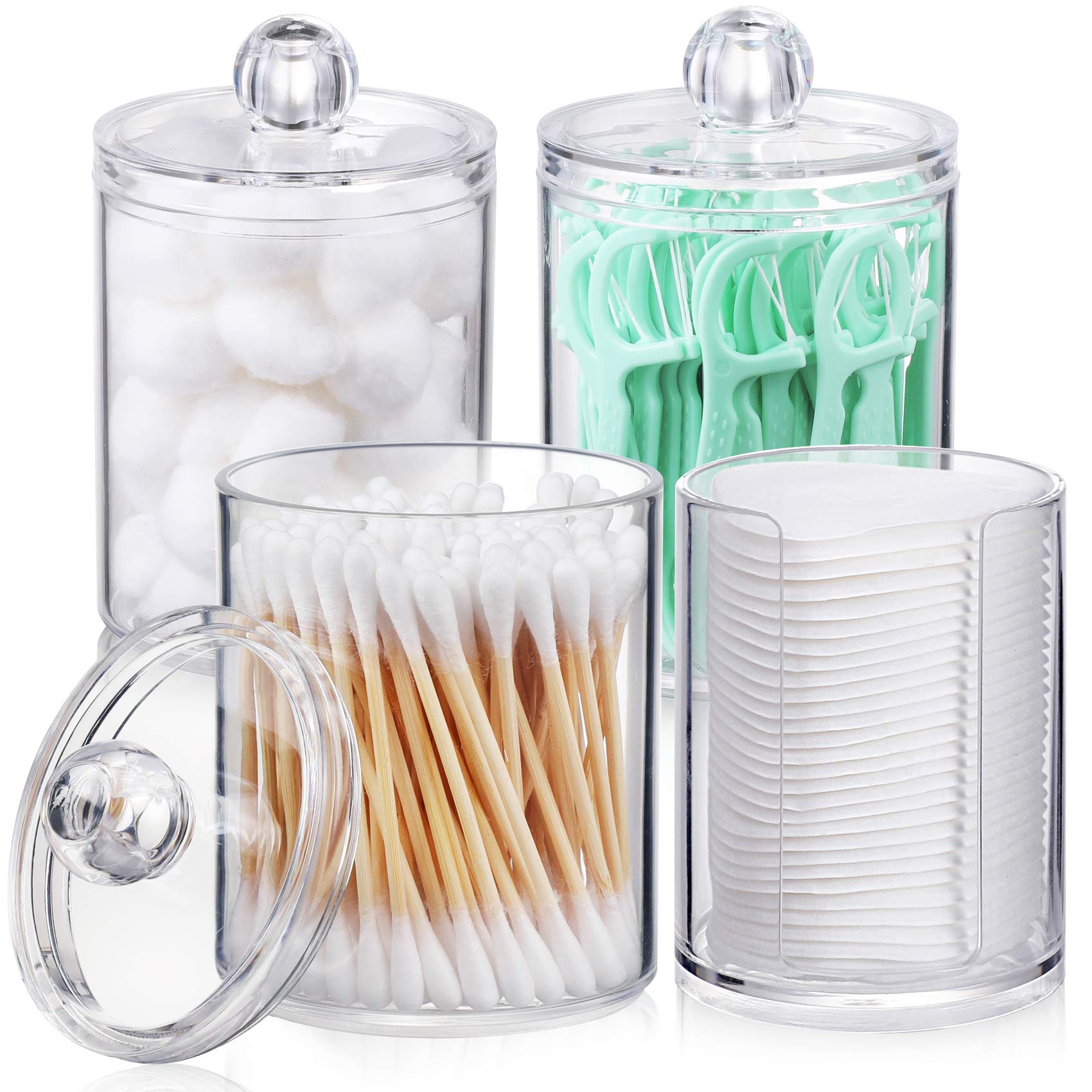 Aozita 4 Pcs, 10 Oz Qtip Holder Dispenser For Cotton Ball, Cotton Swab, Cotton Round Pads, Floss - Clear Plastic Apothecary Jar