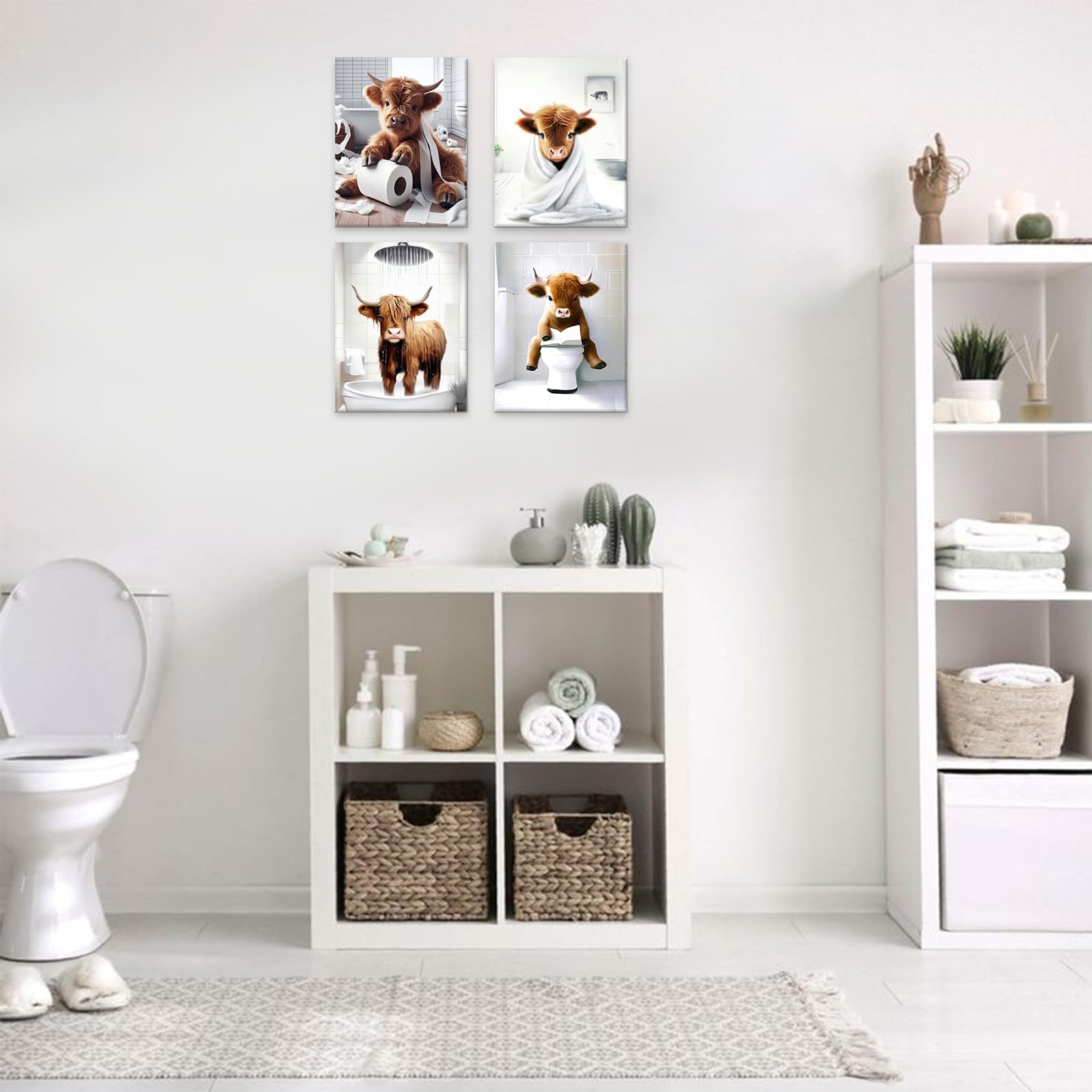 TWNSLLA Framed Bathroom Wall Art, Funny Highland Cow Prints, Rustic Farmhouse Decor, 8x10 inches, Set of 4
