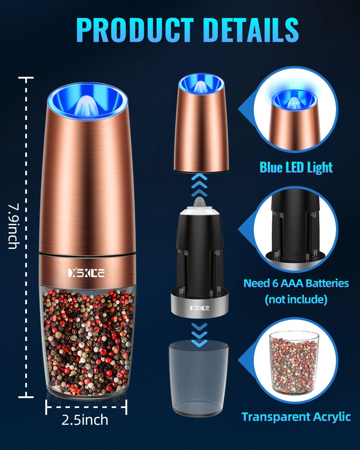 XinXu Gravity Electric Pepper/Salt Grinder, Salt or Pepper Mill, Adjustable Coarseness, Battery Powered with LED Light, One Hand