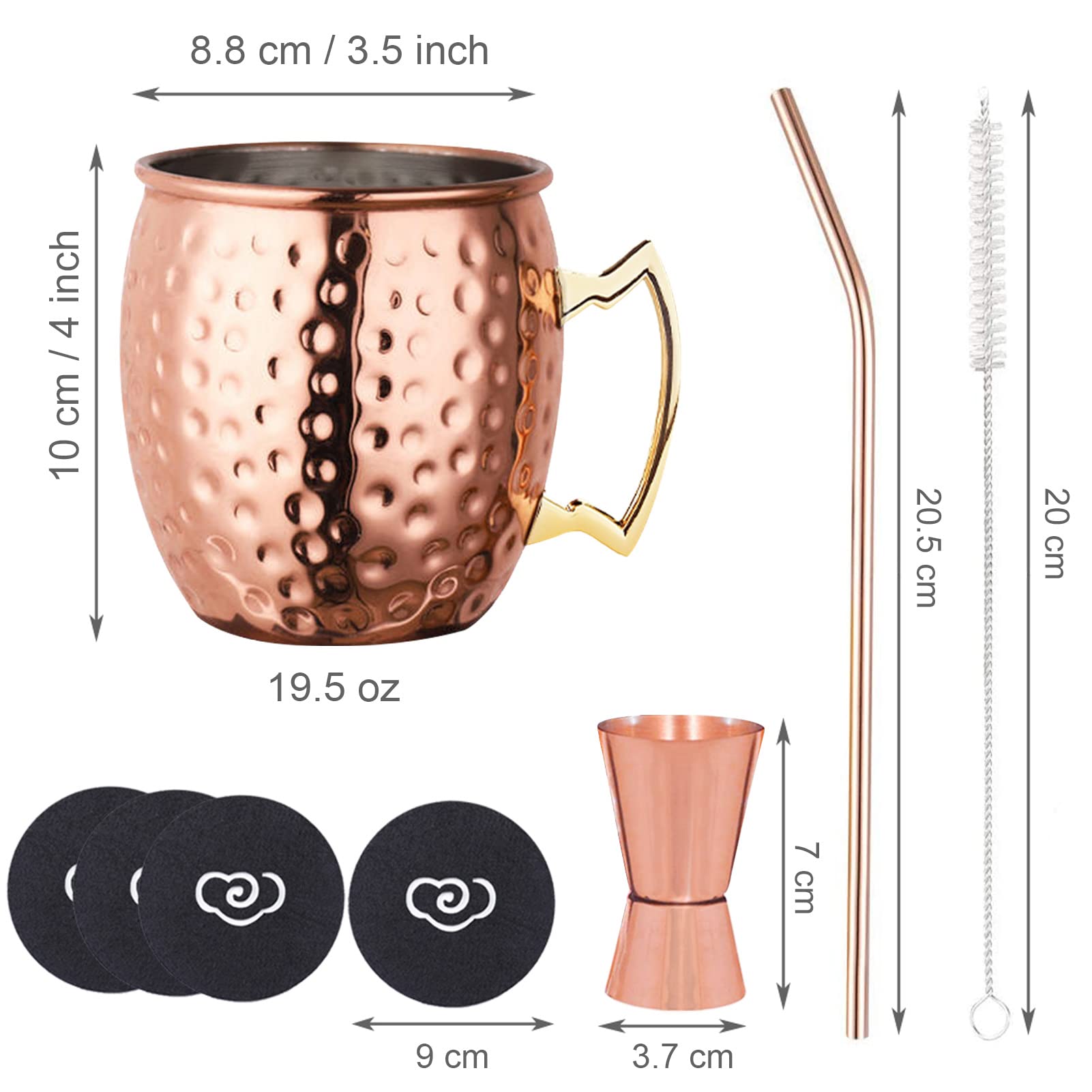 Livehitop Moscow Mule Copper Mugs Set Of 4, Copper Cups With Straws, Jigger, Coasters, Straw Brush For Party, Bar, Stainless Ste