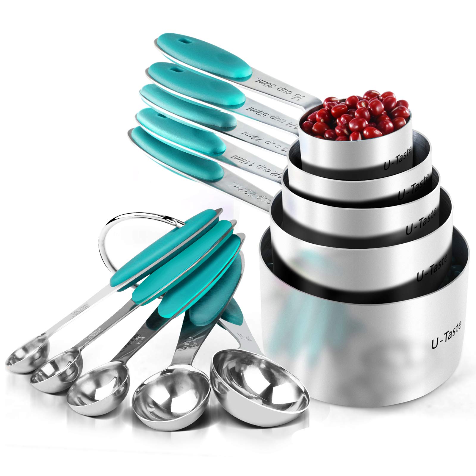 Measuring Cups : U-Taste 18/8 Stainless Steel Measuring Cups and Spoons Set of 10 Piece, Upgraded Thickness Handle (Teal)