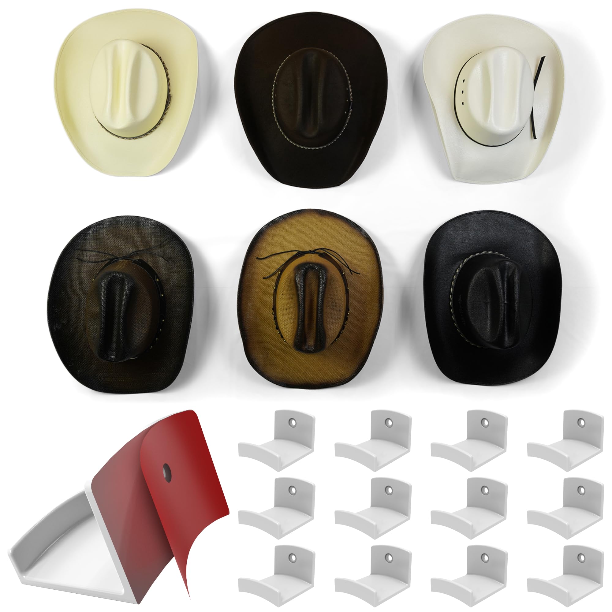 Modern JP Adhesive Hat Hooks for Wall (12-Pack) - Cowboy Hat Rack, Wide Brim Hat Organizer, Strong Hold Hat Hangers for Wall - W