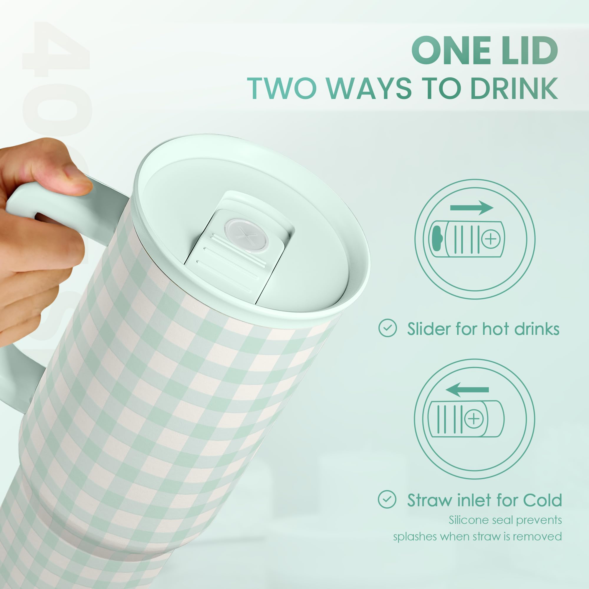 Mint Gingham 40oz Slider Tumbler with Handle and Straw - Insulated Stainless Steel Travel Coffee Mug for Women Girls, Gift for B
