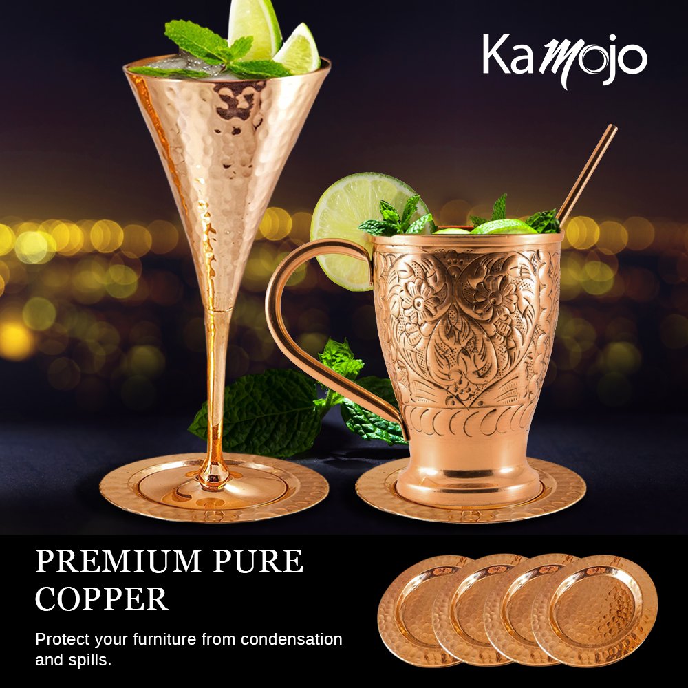 Kamojo 100% Pure Copper Coasters For Moscow Mule Mugs - Hand Hammered By Artisans In India - Protect Your Furniture From Condens