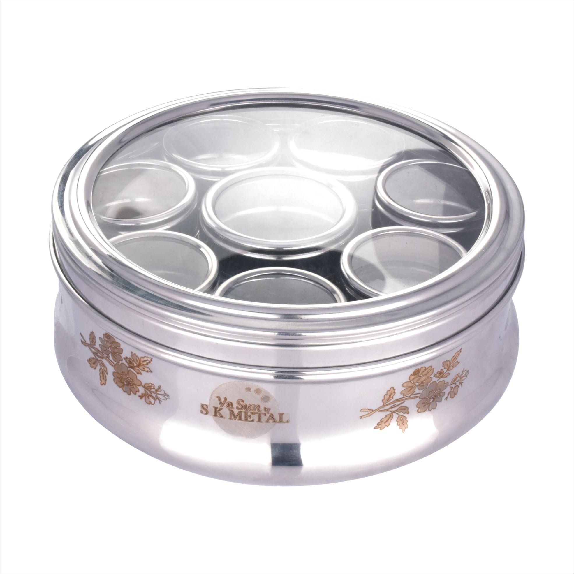 Va Sun Stainless Steel Masala (Spice) Box/Dabba/Organiser With See Through Lid With 9 Containers And Small Spoon