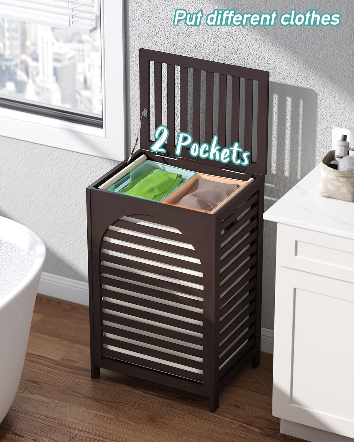 Laundry Hamper With Lid, 22.5 Gallon (85L) Bamboo Wood Clothes Laundry Basket With Lid And Handles, Removable Liner (Brown)