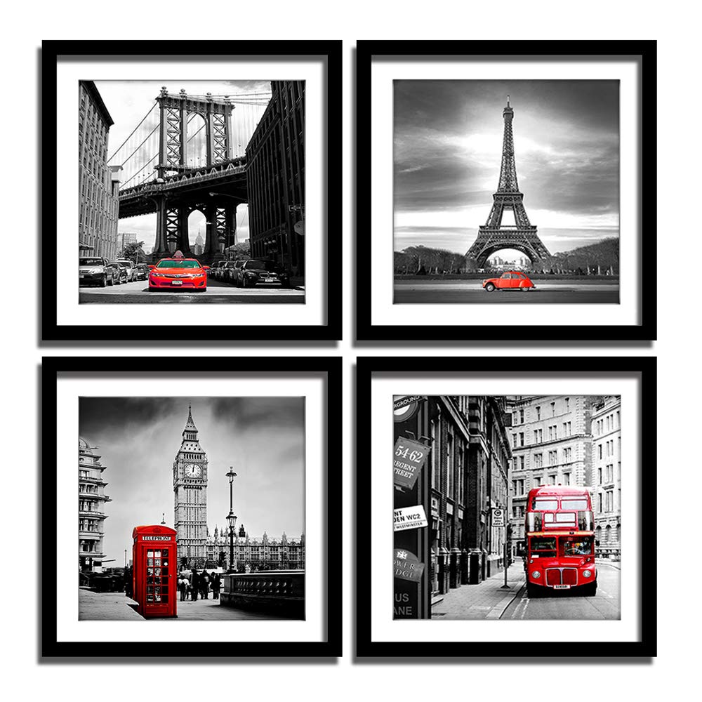 Englant 4 Pieces Framed Canvas Wall Art, Black White And Red Wall Decor Landscape Poster With Eiffel Tower, Brooklyn Bridge, Lon