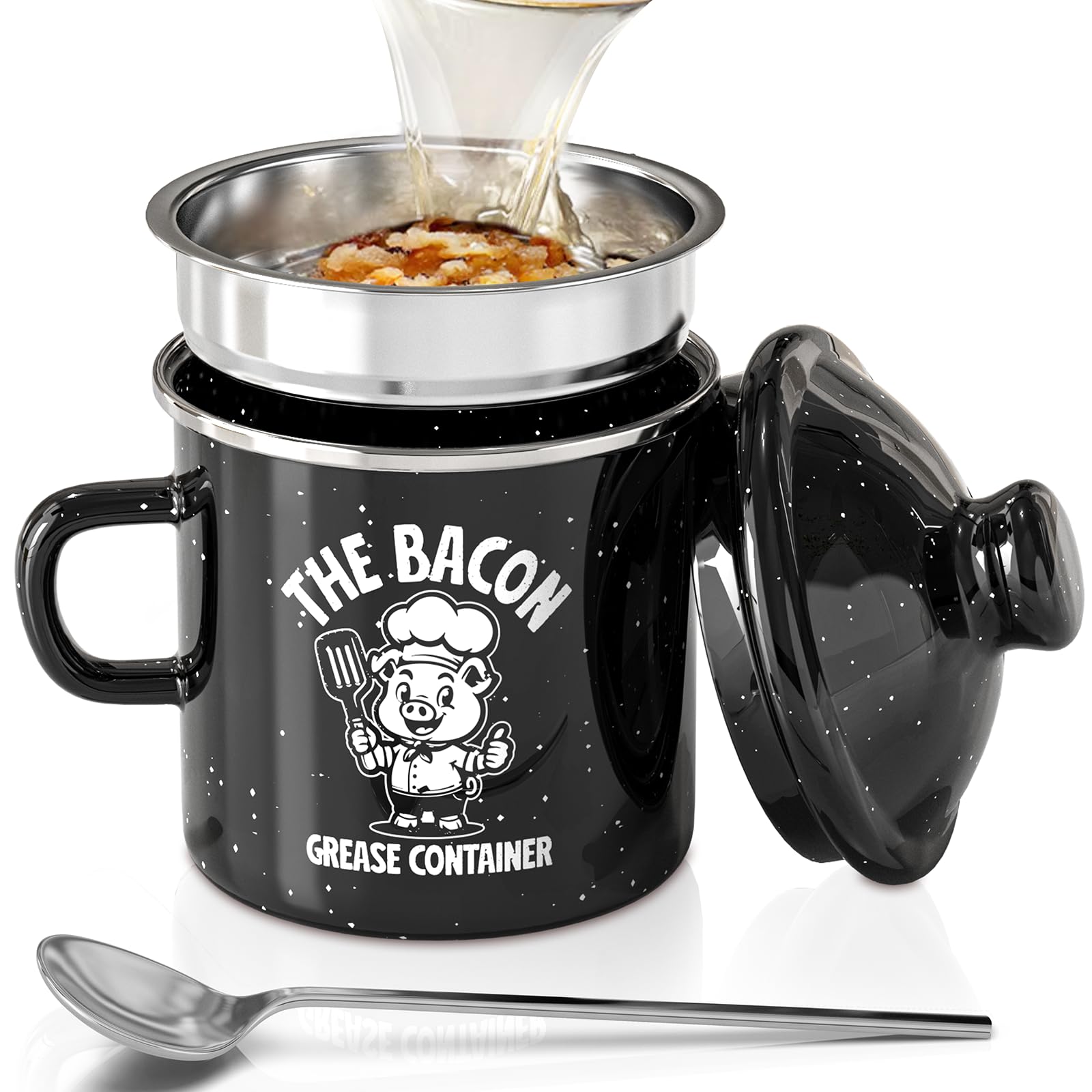 Pgyard Mini Bacon Grease Saver With Strainer - 15Oz Enamel Grease Container, Farmhouse Bacon Grease Keeper For Kitchen Fat Stora