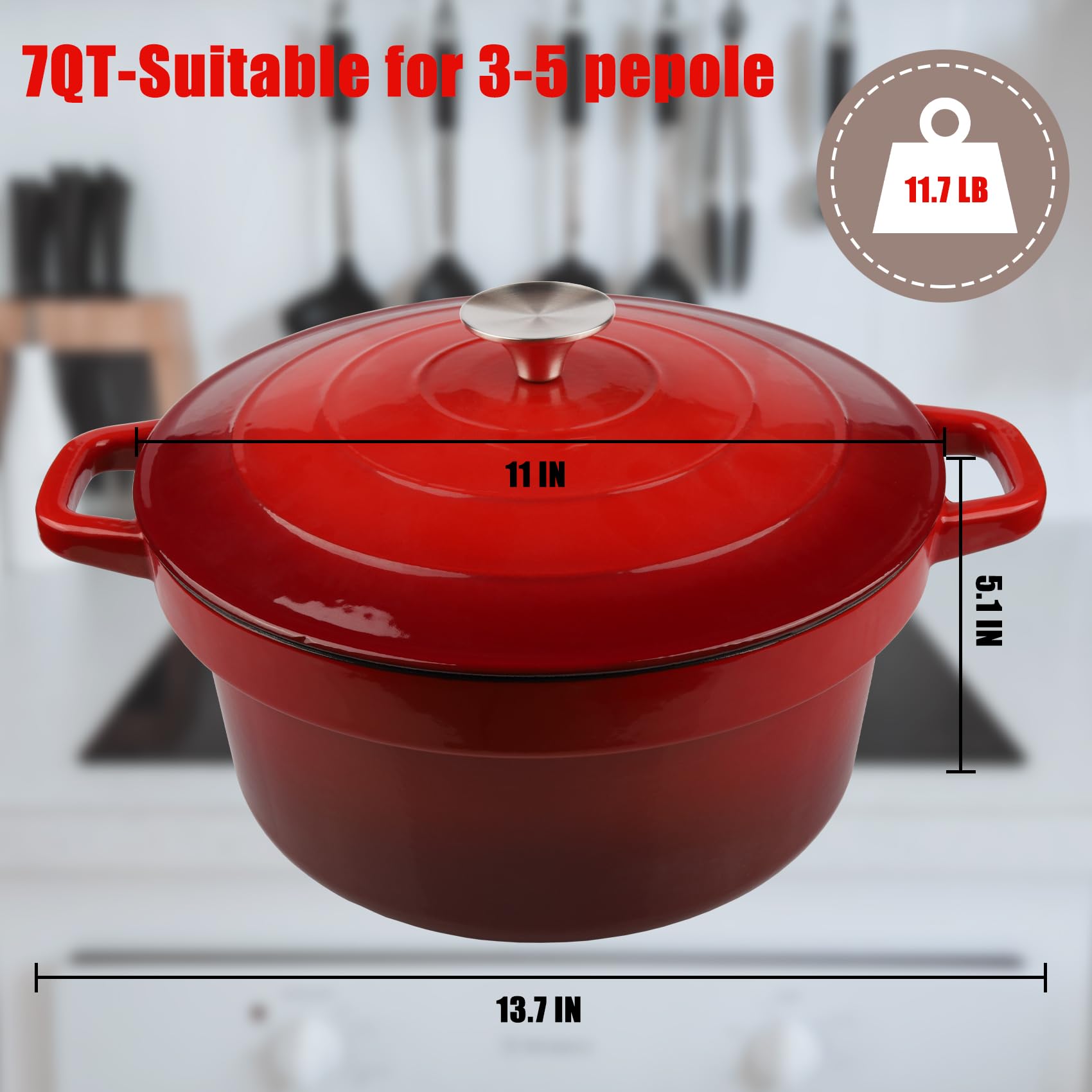 CUKOR 7QT Dutch Oven Pot, Enameled Cast Iron, Non-Stick, Red, Ideal for Sourdough Bread Baking, Includes 10 Pcs Bread Paper Liners