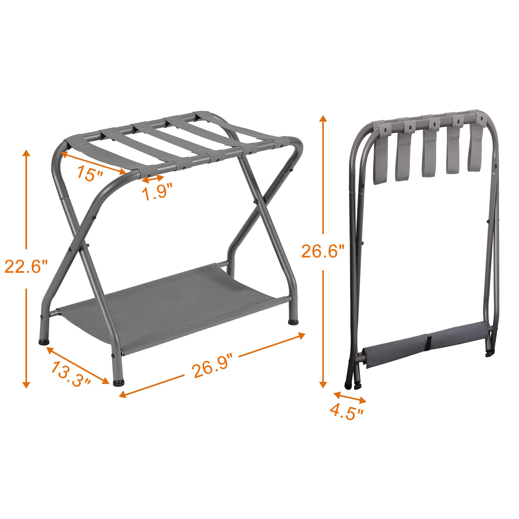Heybly Luggage Rack Pack of 2 Steel Folding Suitcase Stand with Storage Shelf for Guest Room Bedroom Hotel Gray HLR002G2
