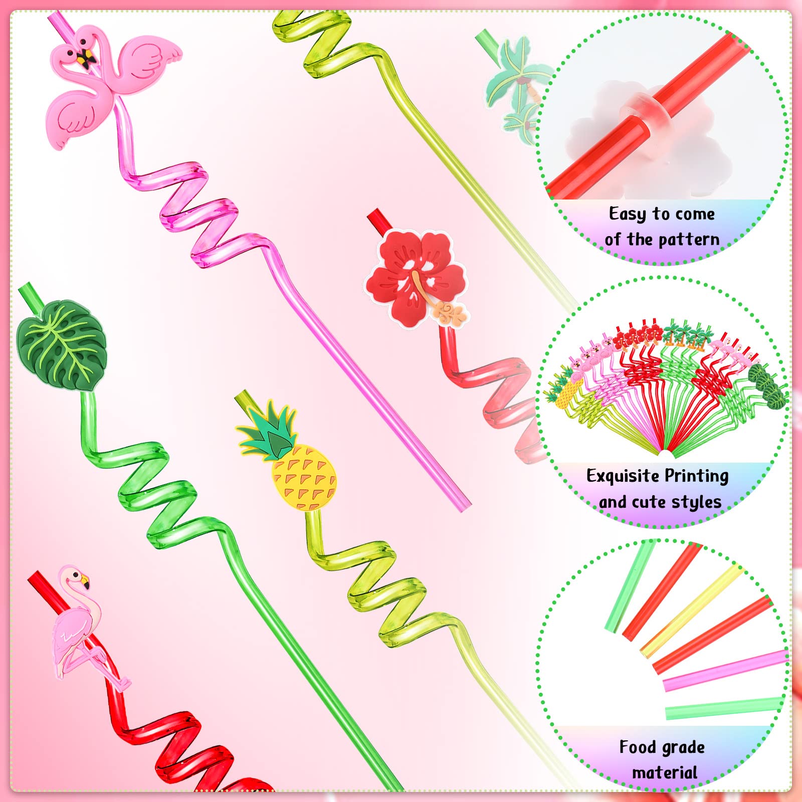 24 Pcs Hawaiian Reusable Plastic Straws With 2 Cleaning Brush Luau Theme Straws Flamingo Drinking Straws Aloha Party Favors For
