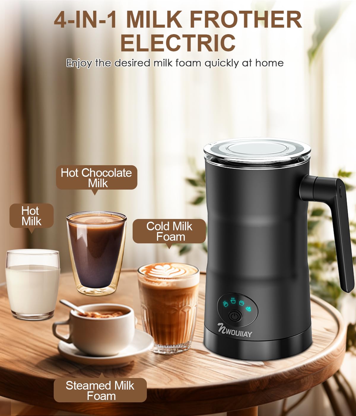 Nwouiiay 4 In 1 Milk Frother Electric And Steamer 11.8 Oz/350Ml Hot/Cold Foam Maker Intelligent Temperature Control Electric Mil