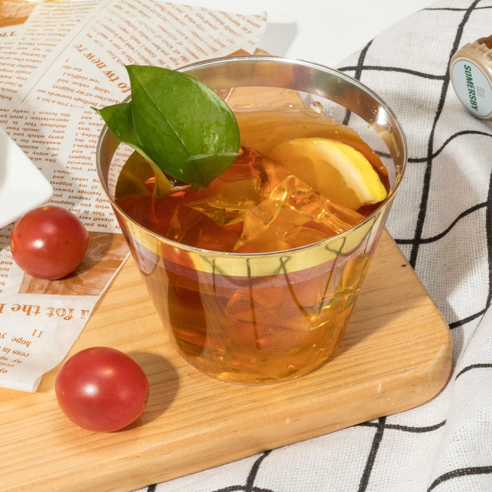 Easercy 100 Plastic Cups 9 Oz Gold Old Fashioned Tumblers Rimmed For Party Decorations Disposable Clear Wedding Elegant