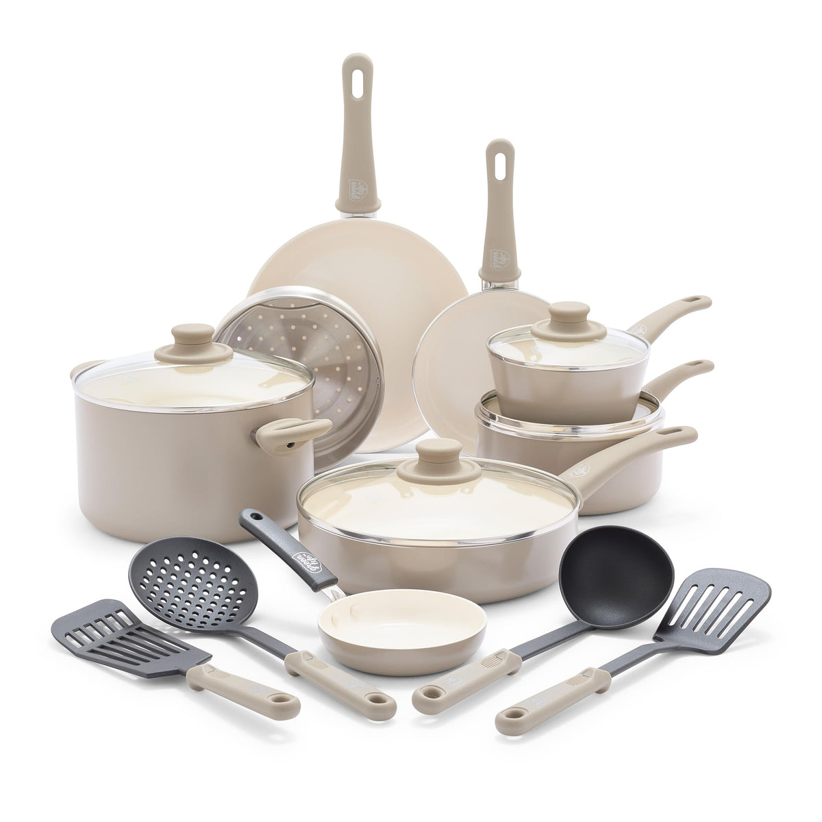 GreenLife Soft Grip Healthy Ceramic Nonstick 16 Piece Kitchen Cookware Pots and Frying Sauce Saute Pans Set, PFAS-Free with Kitc