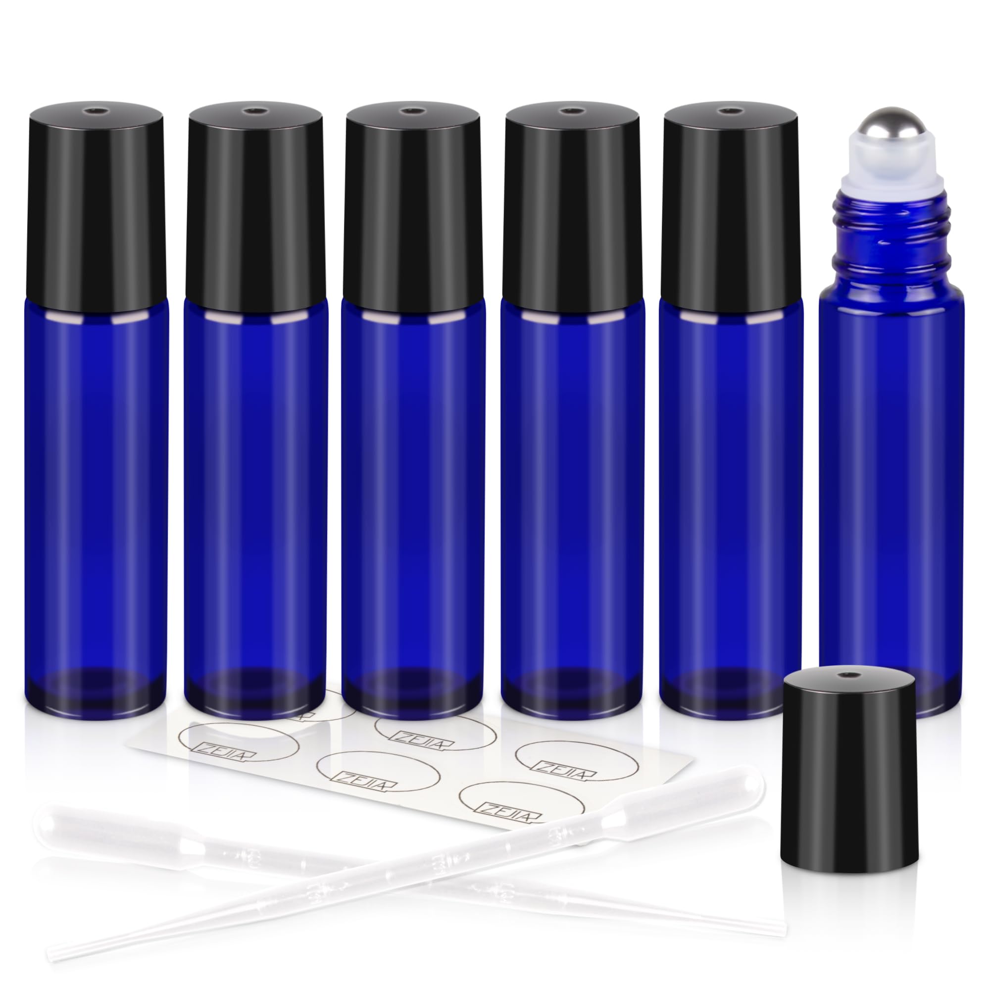 Zejia 10Ml Roller Bottles For Essential Oils, 6 Pack Roll On Bottles, Cobalt Blue Thick Glass Roller Bottles For Oils, With Stai