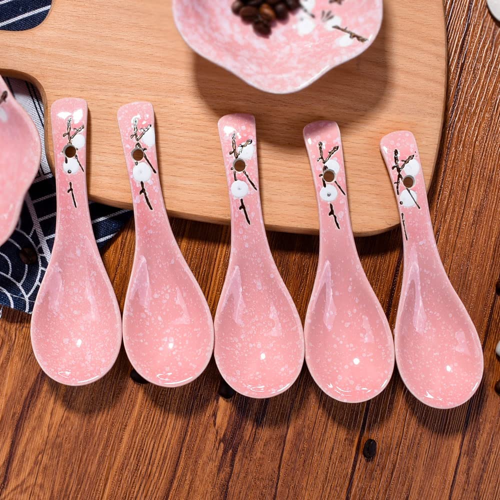Japanese Soup Spoons Set Of 5, Pink Asian Spoon Suitable For Soup, Ramen, Pho, Gravy, Cake, Oatmeal, Chaos, Dumplings,Salad