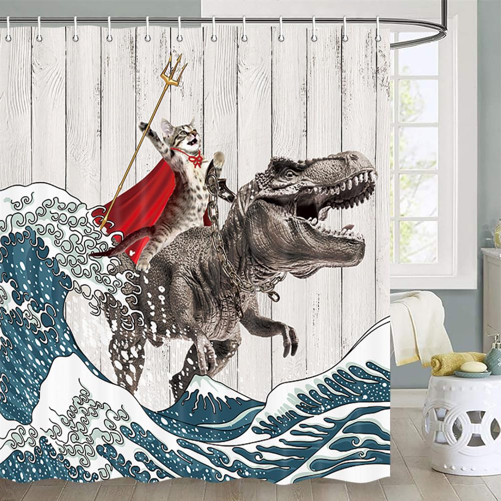 Funny Cat Shower Curtain, Cool Cat Dinosaur Japanese Ocean Wave Shower Curtain, Cat Riding Dinosaur Fun Shower Curtain Nautical