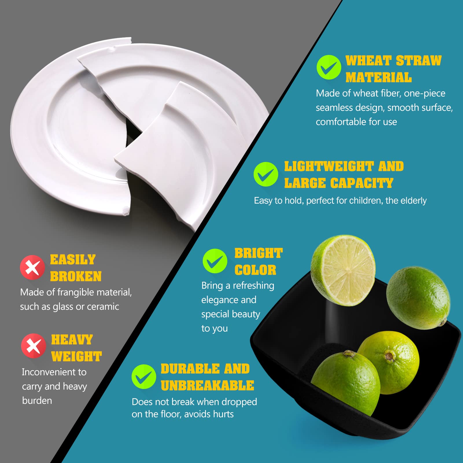 Teivio 16-Piece Plastic Wheat Straw Square Dinnerware Set For 4, Unbreakable Dinner Plates, Salad Plates, Snack Bowls, Tumblers