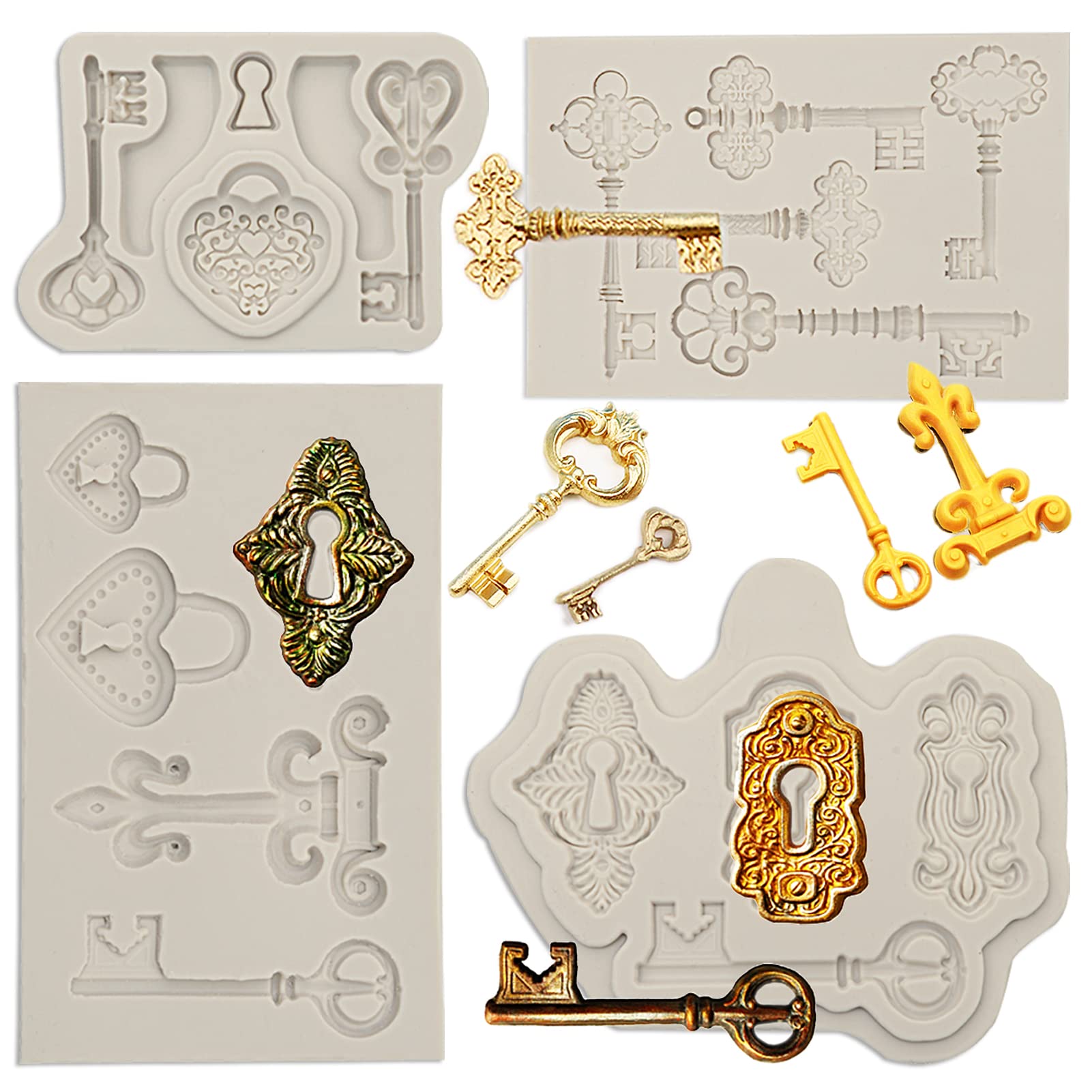 Vintage Key Fondant Molds (4 Pack), Lock Keyhole Silicone Chocolate Molds, Mini Love Keys For Birthday Cake Cupcake Decorating,