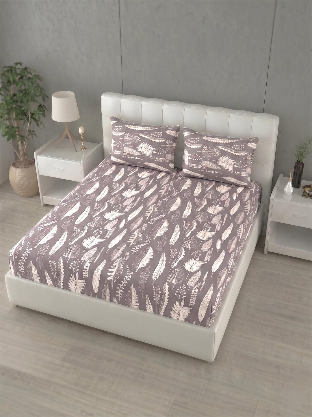EssaBella Honybrush Cotton Rich King Size Double Bedsheet 108 x 108 Inch, 2 Pillow Covers, 144 TC  Lavender Printed