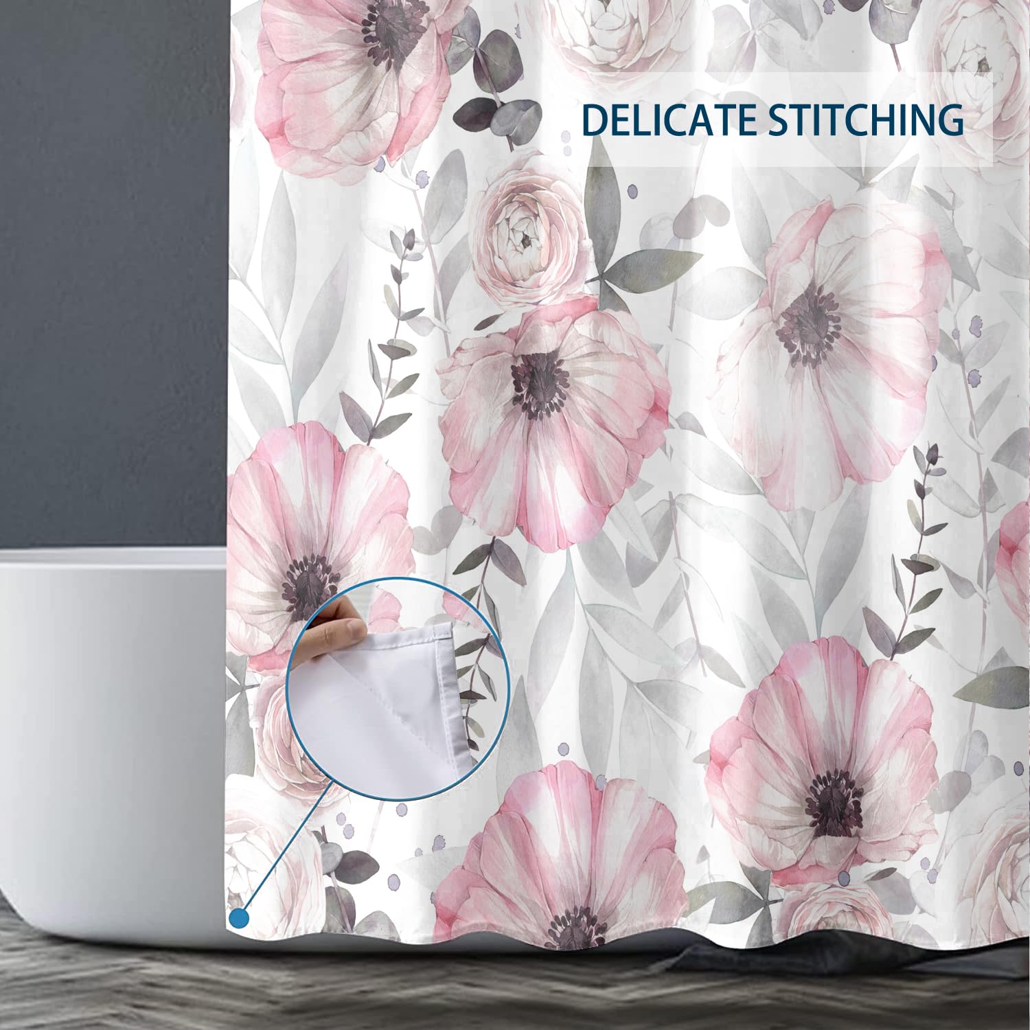 Bivinar Tender Pink Floral Shower Curtain, Watercolor Flowers Bathroom Shower Curtain, Fabric Waterproof Shower Curtain With 12