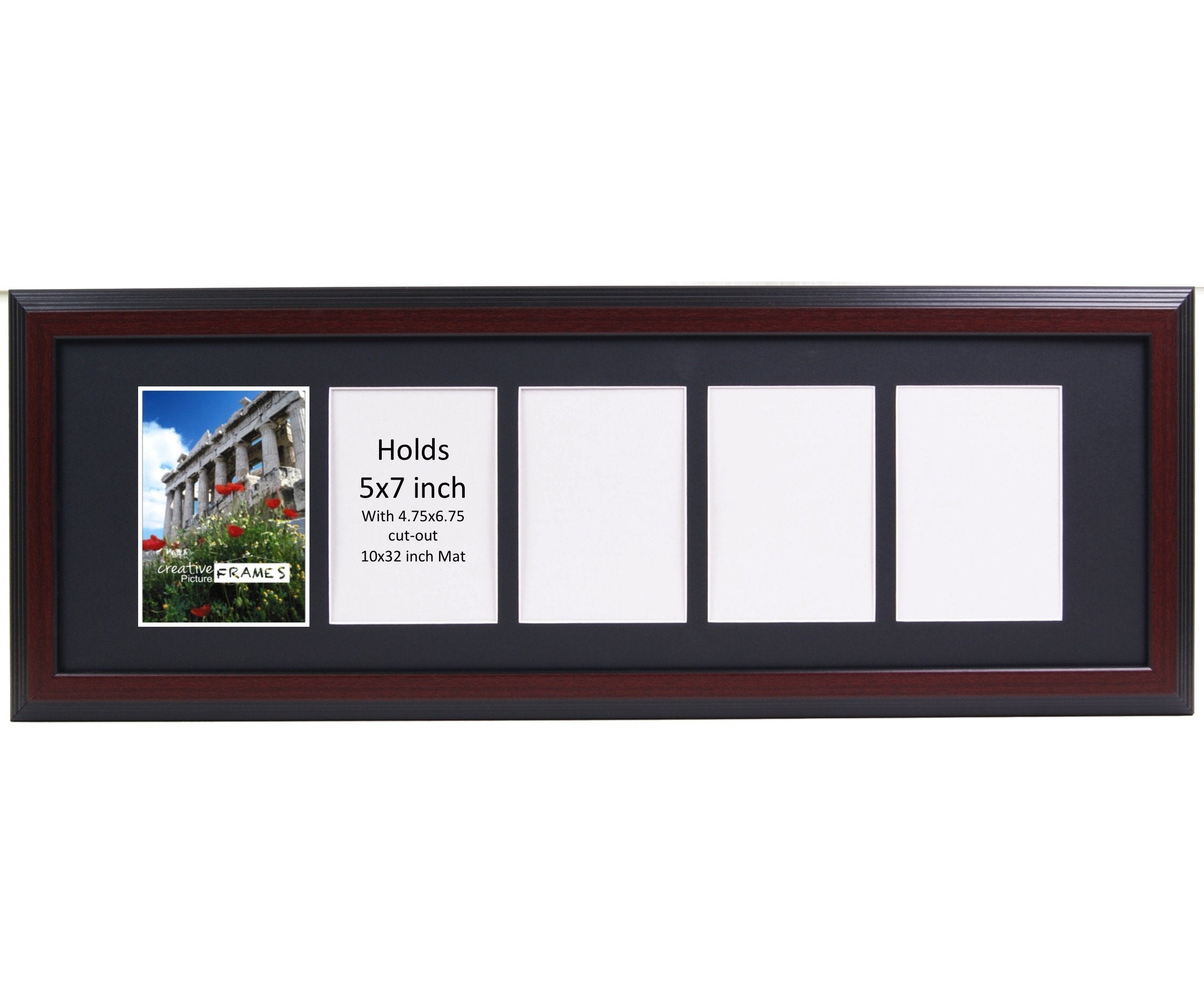 CreativePF 5 Opening Mahogany Picture Frame with Glass to hold 5 by 7 inch Photographs including 10x32-inch Black Mat Collage