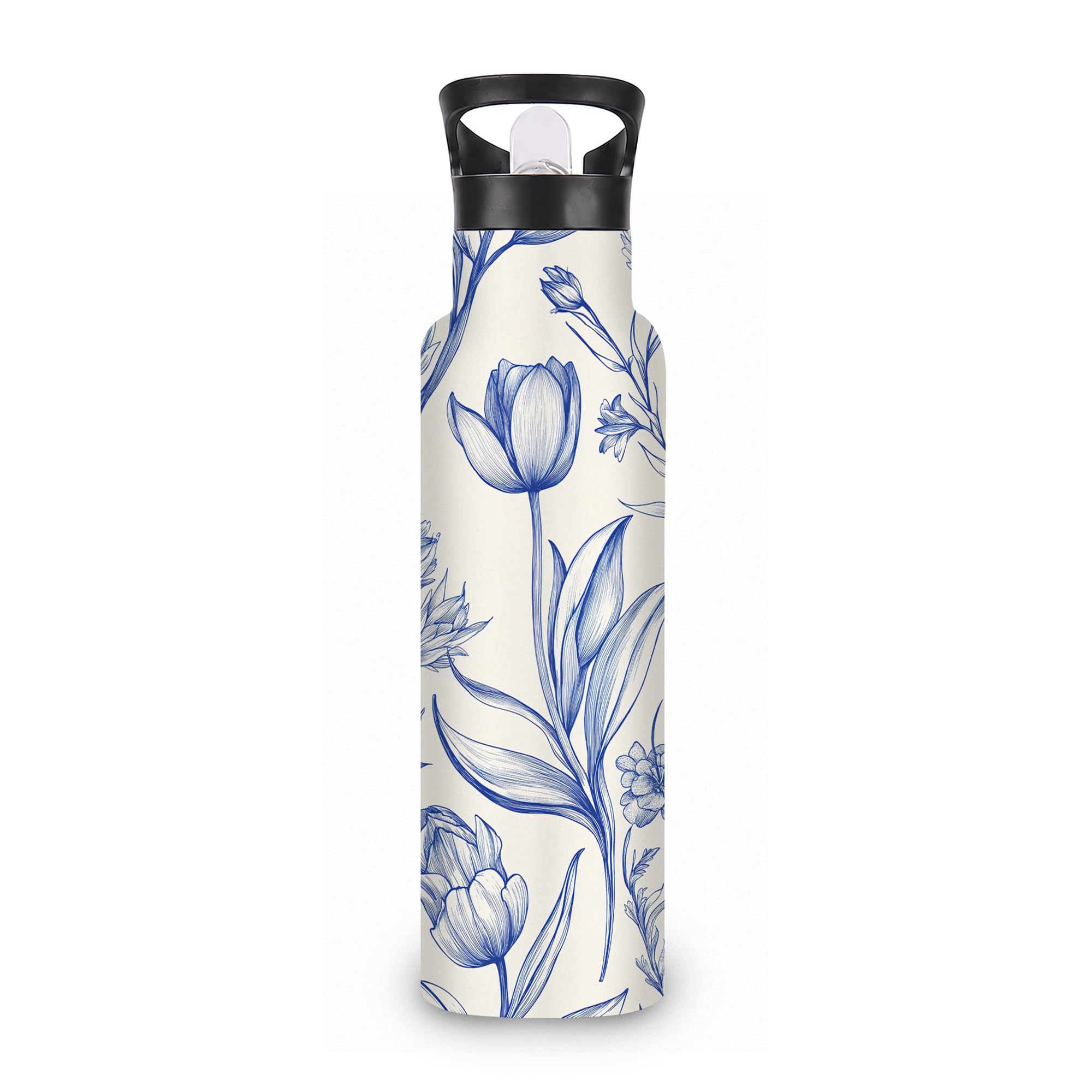 ICRICR Blue Botanical Insulated Water Bottle with Straw 20 oz,Vintage Floral Stainless Steel Leak Resistant Double Wall Water Bo
