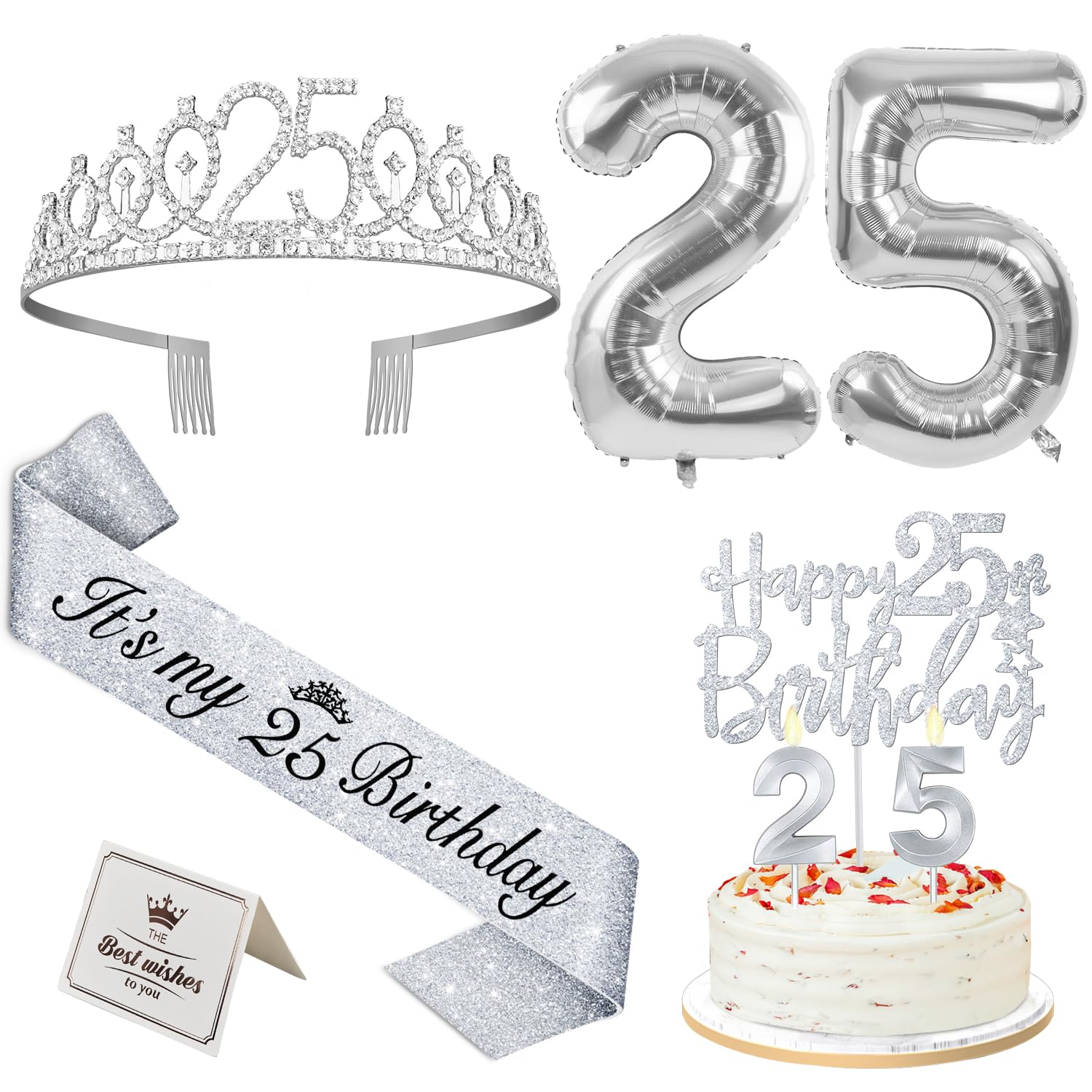 25th Birthday Decorations for Women Silver with 25th Birthday Sash and Crown, Cake Topper and Candles, Number Balloons, 25 Year 