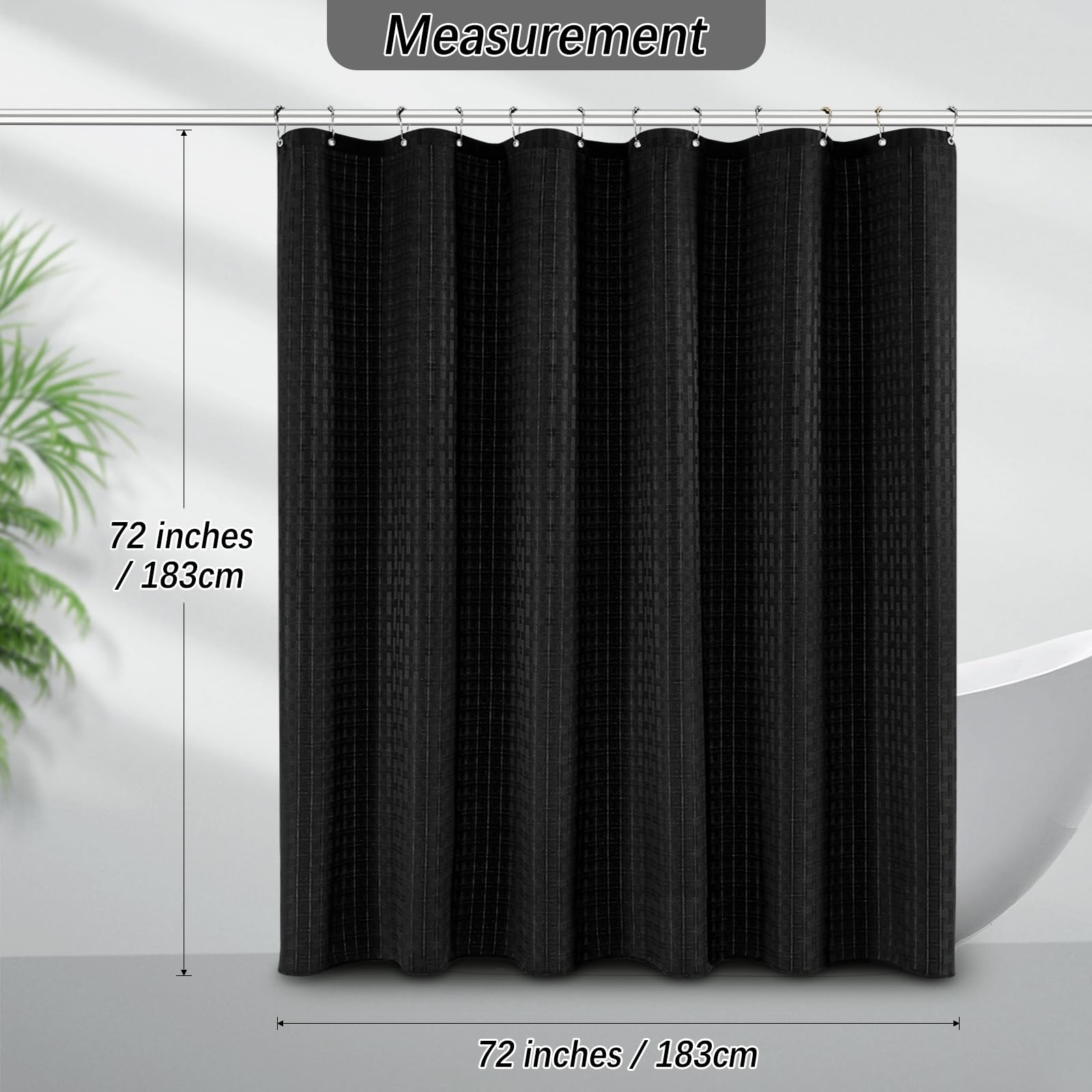 Pangsinne Black Shower Curtain 230Gsm Heavy Duty Bathroom Shower Curtains, Weighted Fabric Shower Curtains For Hotel Spa Luxury