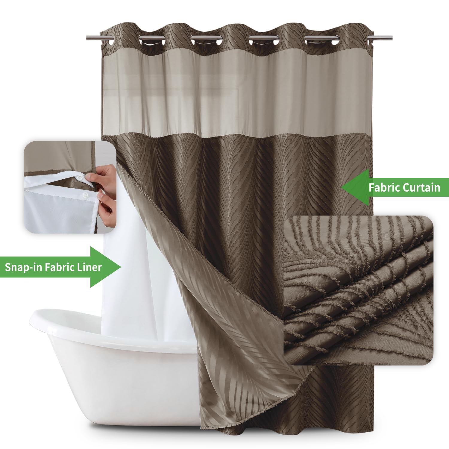 Eachope No Hook Shower Curtain And Liner Set,Boho Style With See Through Top Window, Brown Fabric Tufted Striped Textured Outer