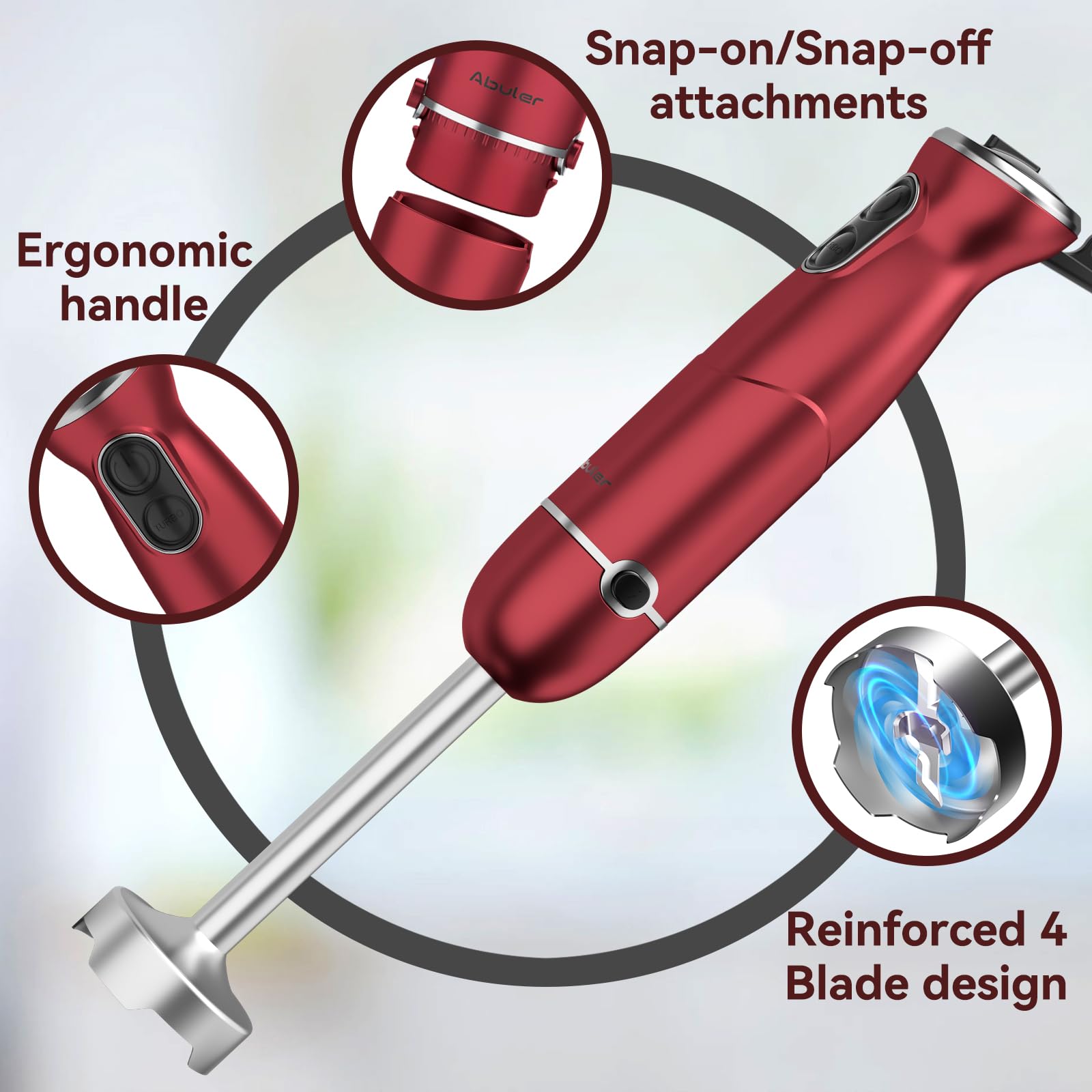 Abuler Immersion Blender 5 in 1, 1000W Hand Mixer, 12 Speed, 304 Stainless Steel, Red, Model HB-2035, with Beaker, Chopper