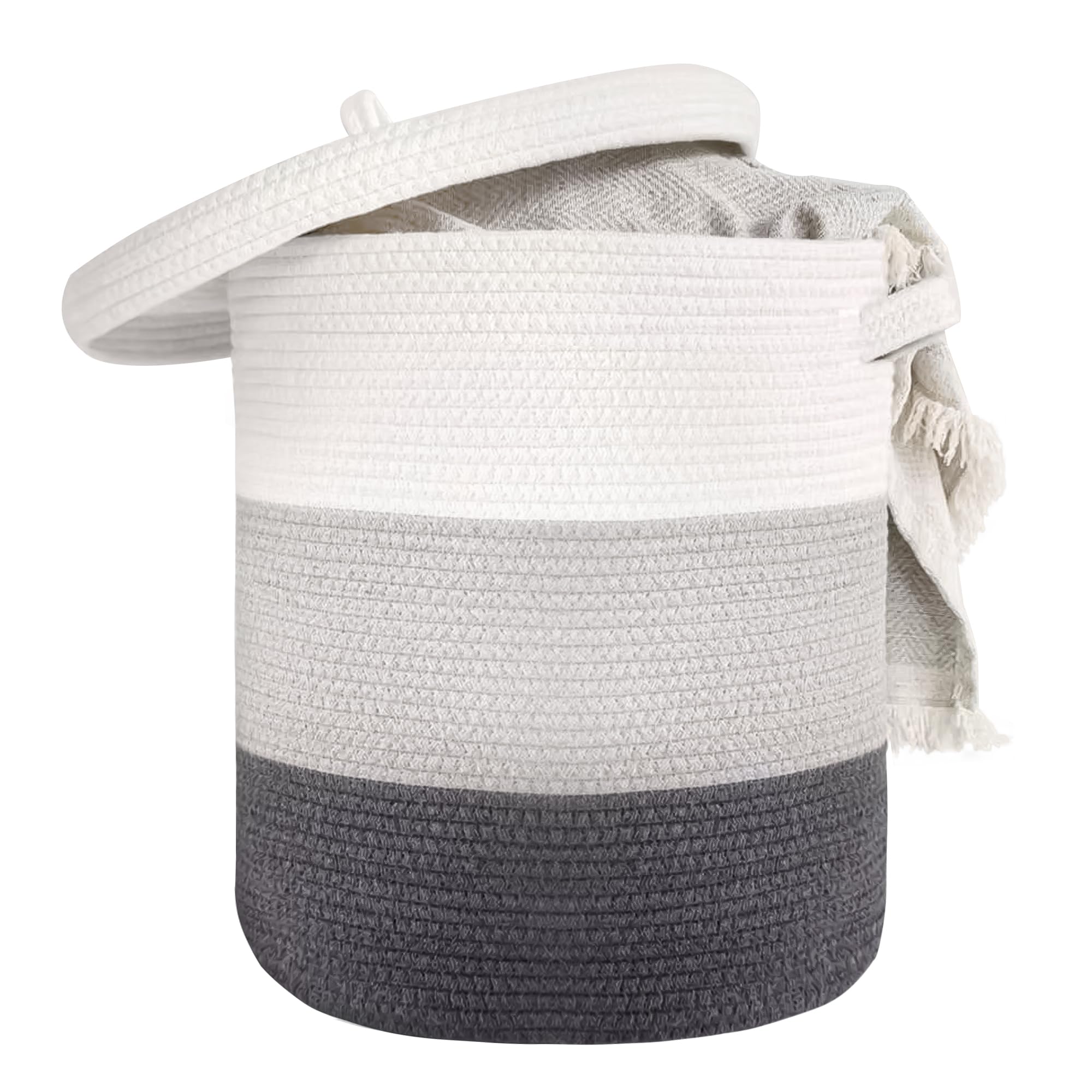 Large Storage Basket With Lid 60L, 16''Wx18''H Woven Laundry Basket With Lid Cotton Laundry Basket, Wicker Basket Blankets Pillo