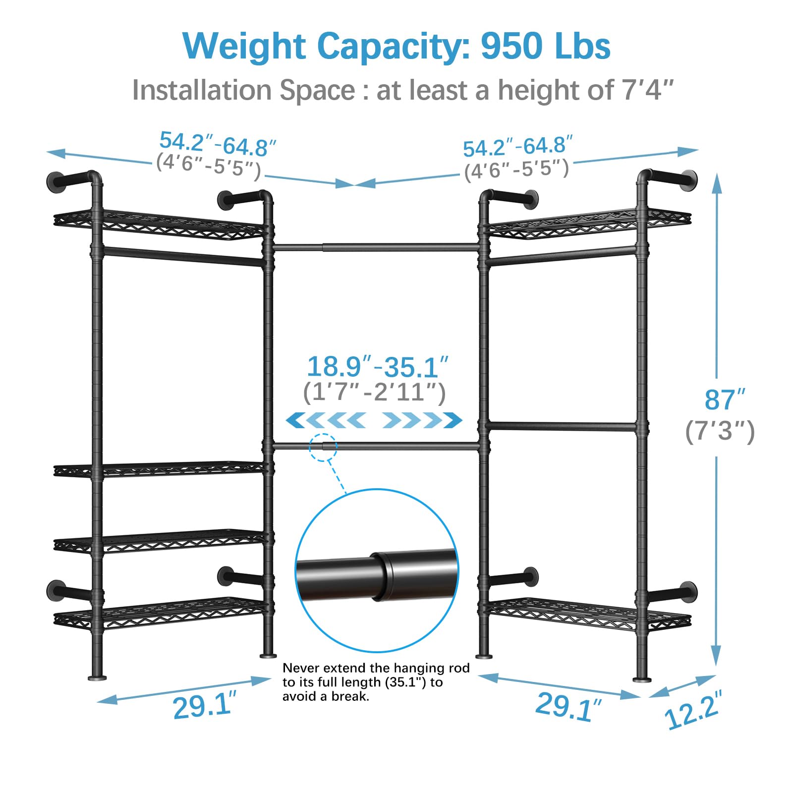 Timate L3 L Shape Garment Rack Heavy Duty Clothes Rack For Hanging Clothes, Expandable Industrial Pipe Wall Mounted Clothing Rac