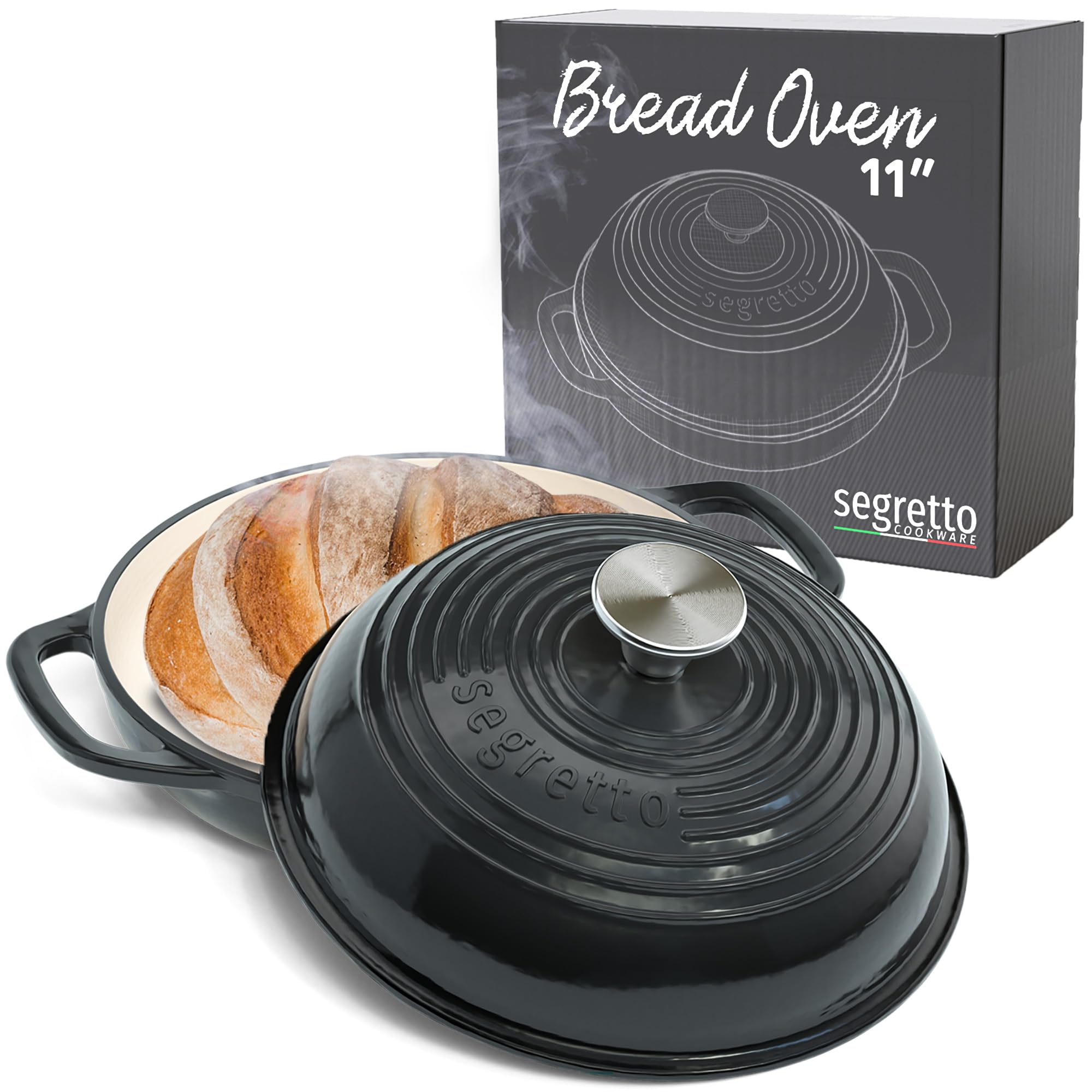 Segretto Cookware Enameled Cast Iron Bread Pan with Lid, 11    Nero (Black) Bread Oven Cast Iron Sourdough Baking Pan, Dutch Ove