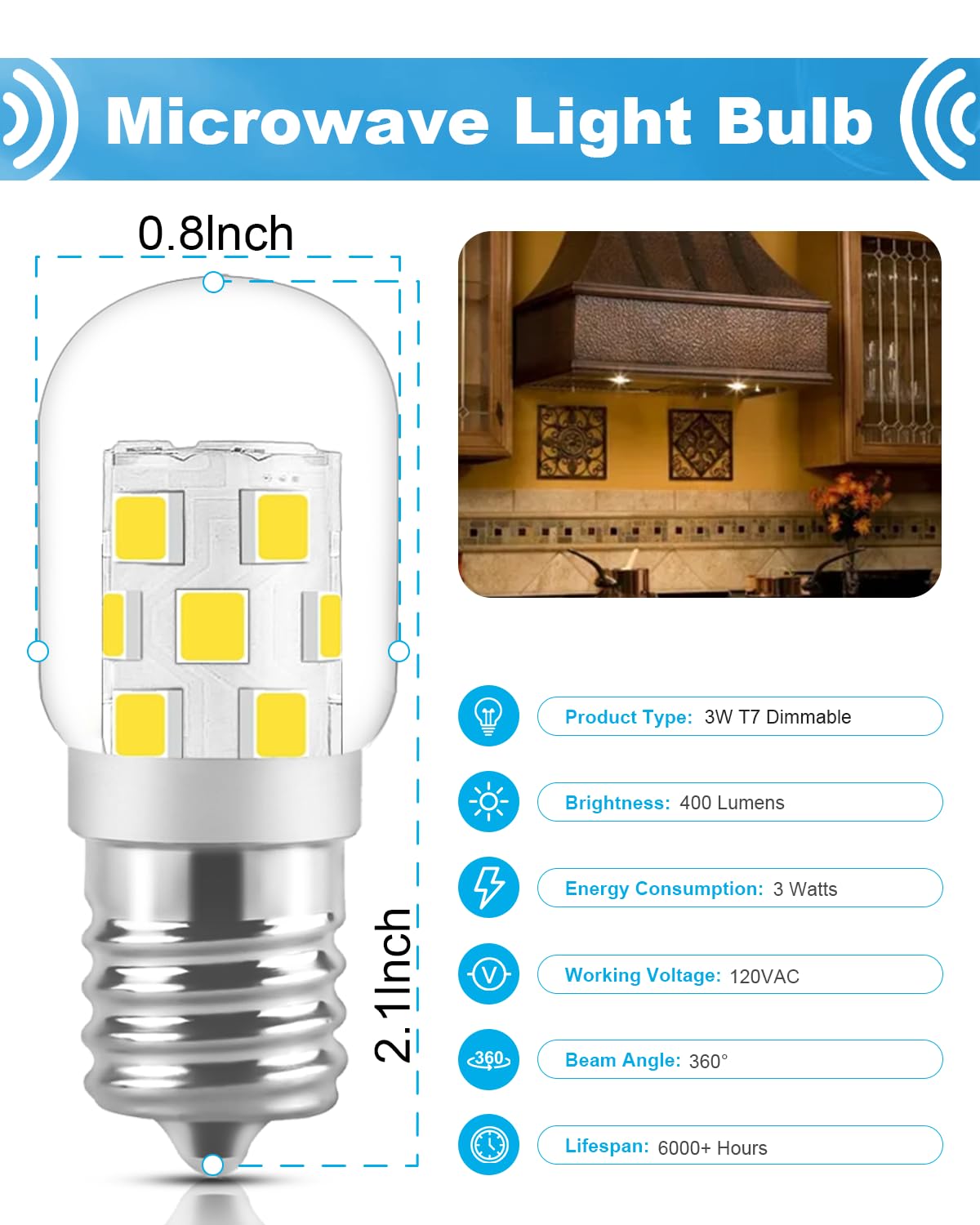 Serbion Led Microwave Light Bulb Under Hood 40W Equivalent-125V E17 Base For Whirlpool Microwave Light Bulb - 3W 400Lm Dimmable
