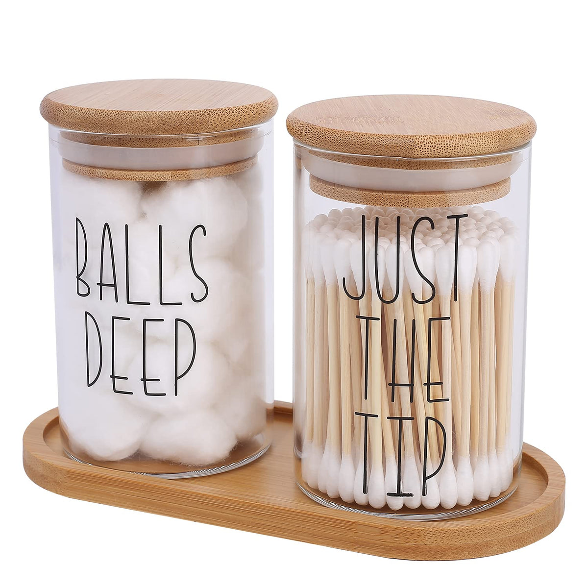 Momeemo Funny Qtip Holder And Cotton Ball Holder Set For Bathroom Organization. Apothecary Jars With Bamboo Tray Are Great For F