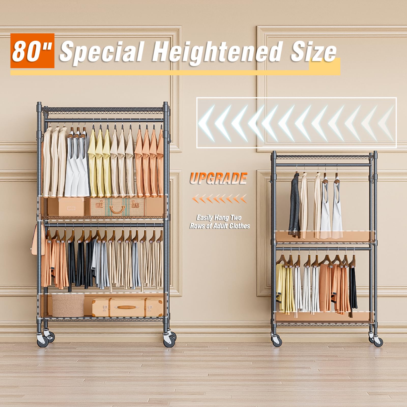 Homdox Garment Rack Heavy Duty, 3 Tier Rolling Clothing Racks For Hanging Clothes, Metal Wardrobe Closet, Free-Standing Clothes