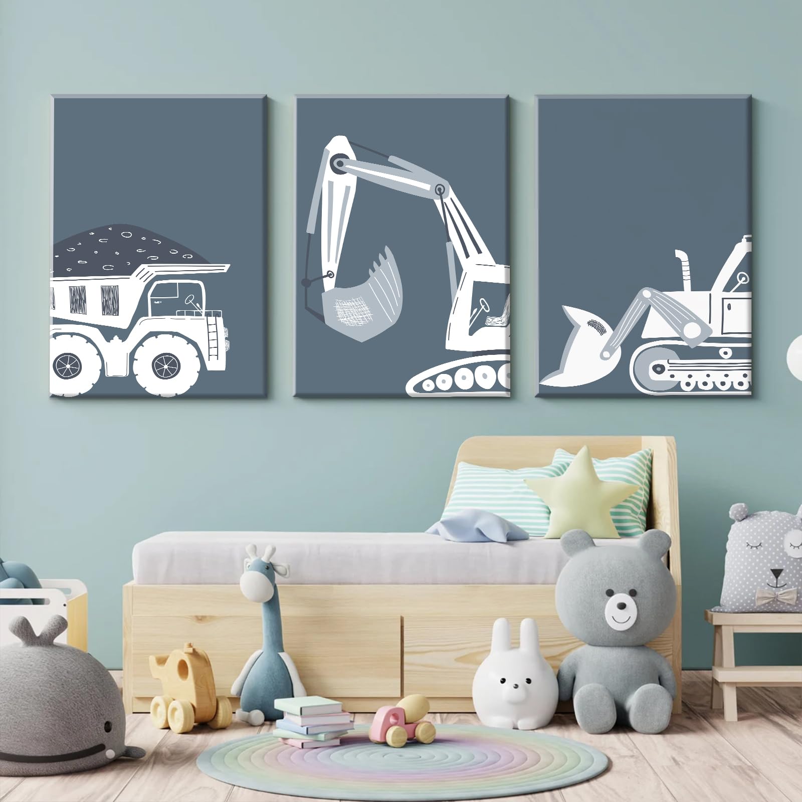 Construction Truck Wall Art Decor Toddler Boys Room Canvas Posters Tractor Vehicle Wall Art Nursery Pictures Prints Dump Truck W