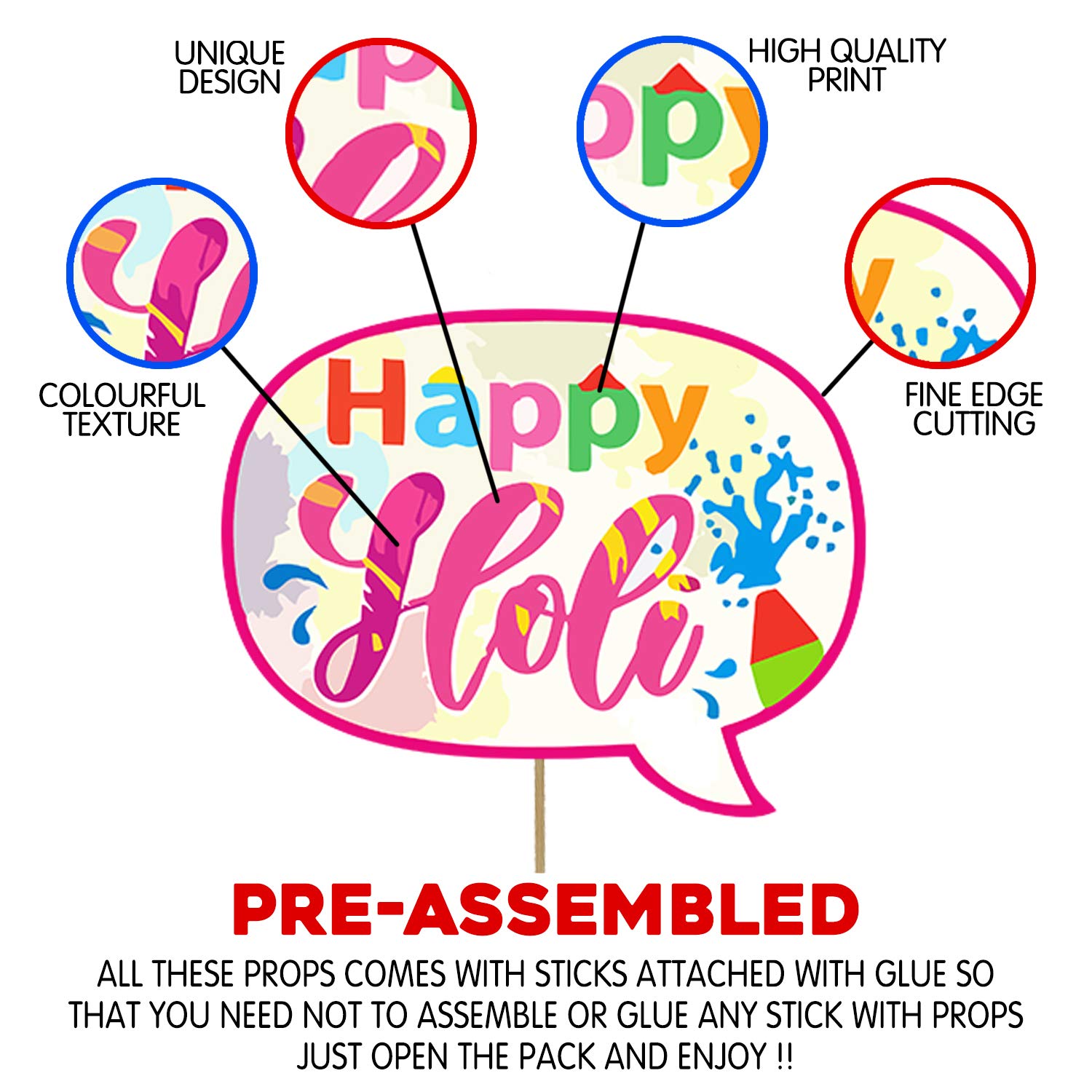 Zyozique Holi Festival Photo Props Happy Spring Indian Color Festival Photo Booths, Holi Bollywood Party Supplies, 27 PCS
