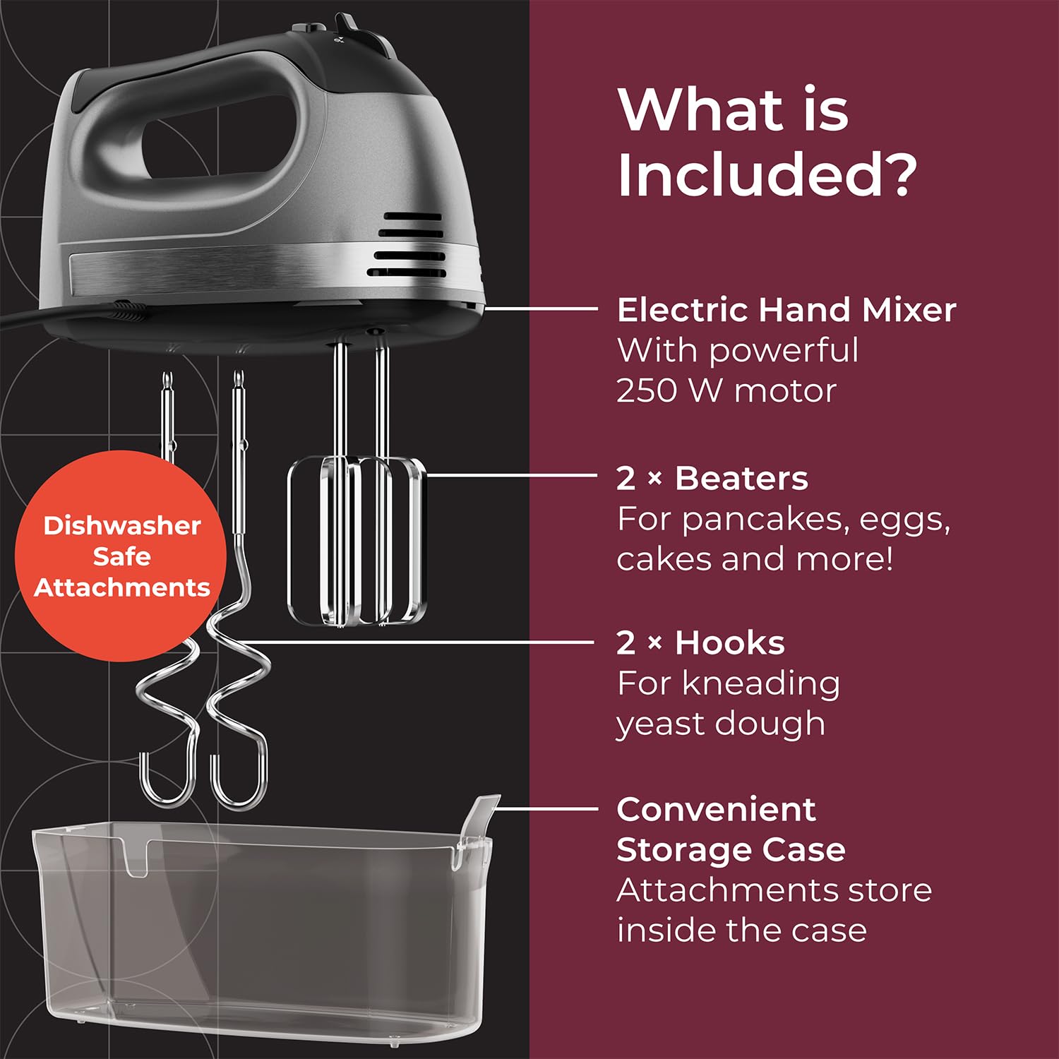 Mueller Electric Hand Mixer, 5 Speed 250W Turbo With Snap-On Storage Case And 4 Stainless Steel Accessories For Easy Whipping, M
