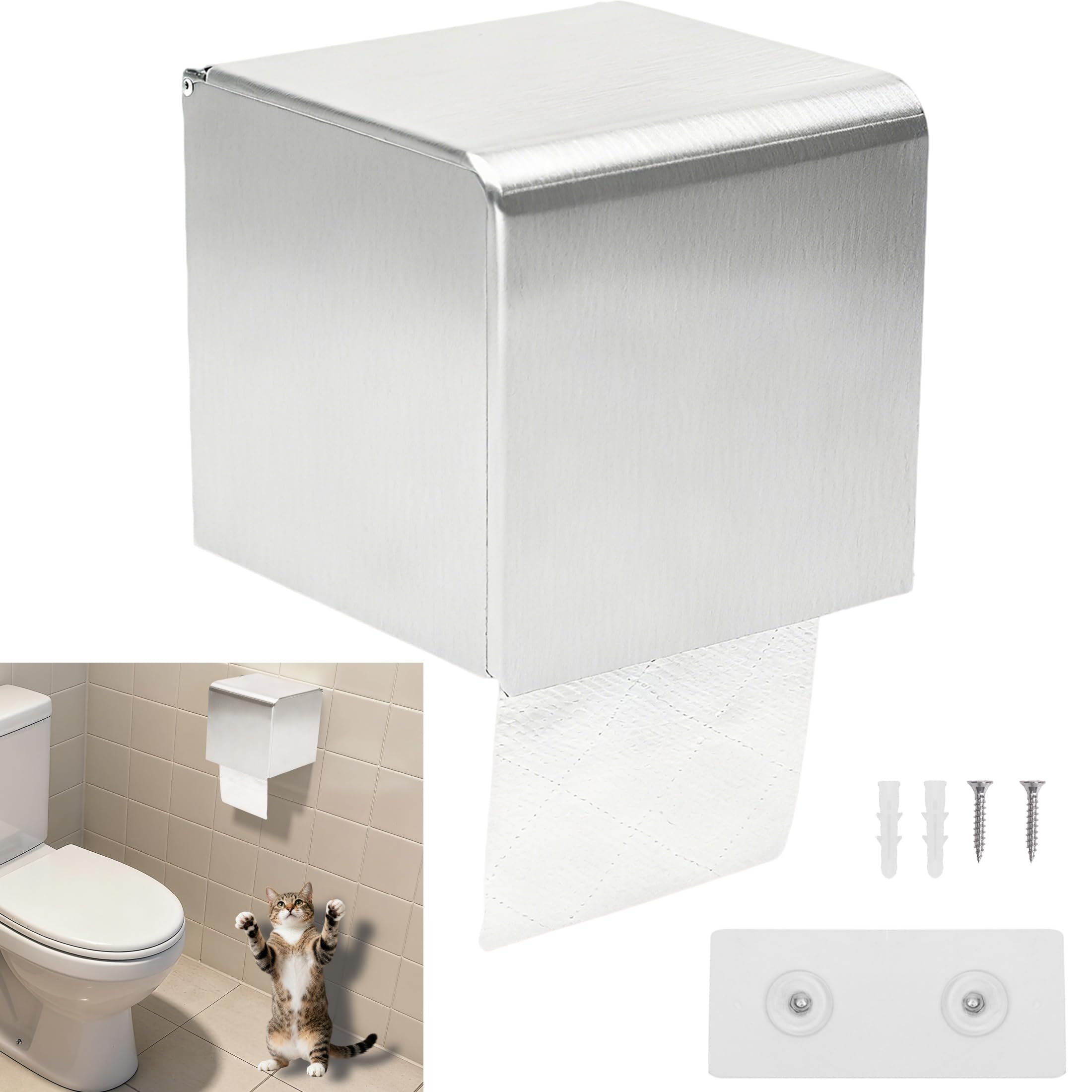 Desyeryamimi Cat Dog Proof/Waterproof/Covered Toilet Paper Holder with Storage, Stainless Steel Self Adhesive Toilet Paper/Tissu