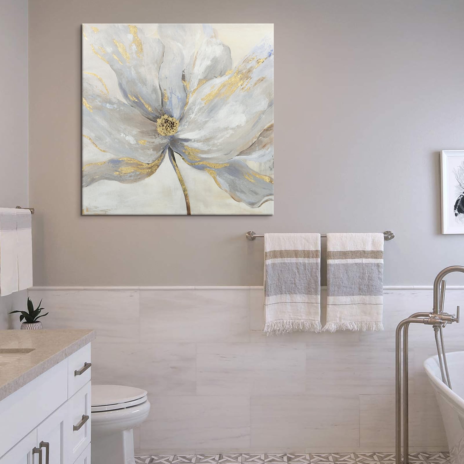 Goldfoilart Floral Wall Art Gold Flower Canvas Pictures With Foil Embellishment Painting Grey Print Framed Artwork For Bedroom B